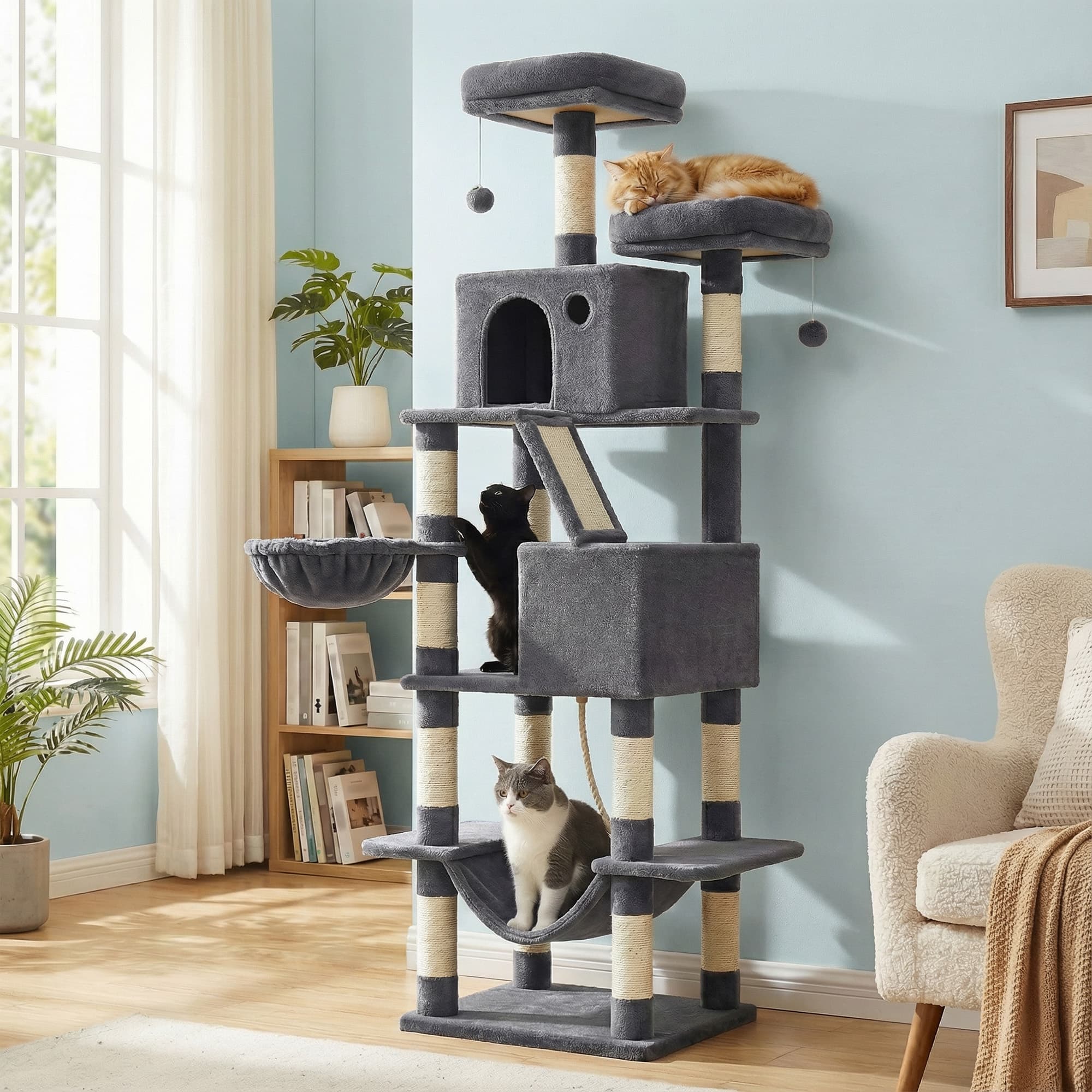 Large cat tree with scratching posts hammock and perches for indoor cats