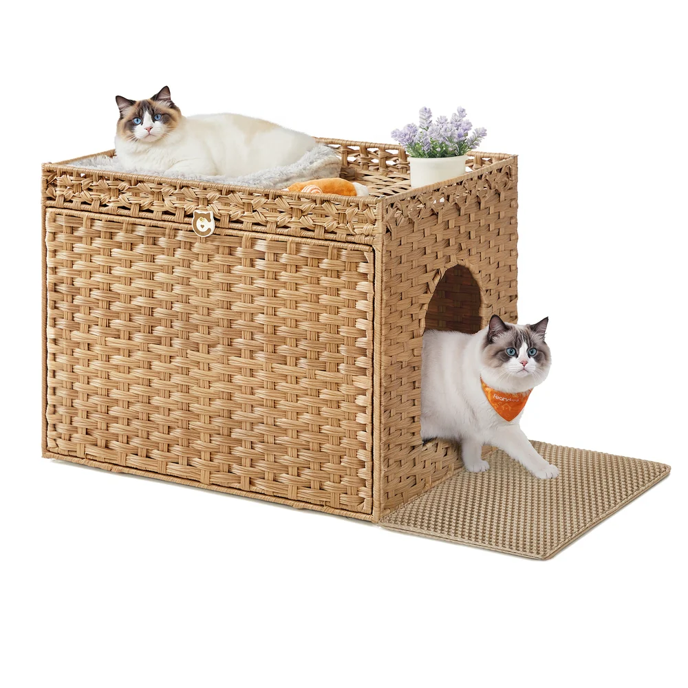Cat Litter Box Enclosure with Extra Litter Mat and Removable Washable Tray