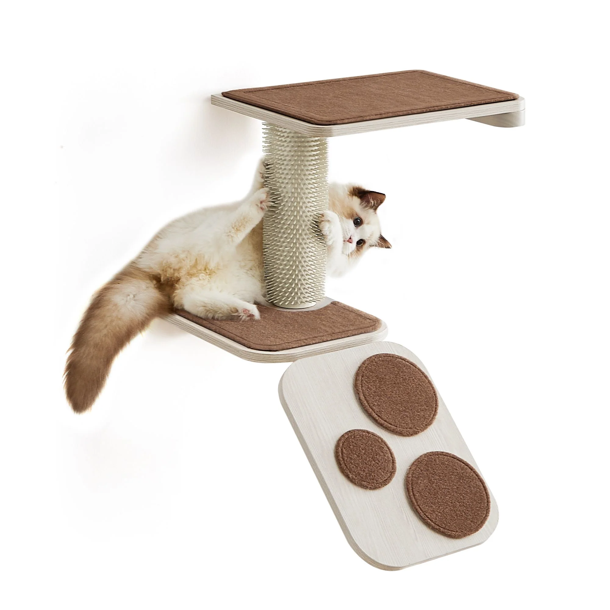 Wall-Mounted Cat Stairs with Shelf and Self-Groomer
