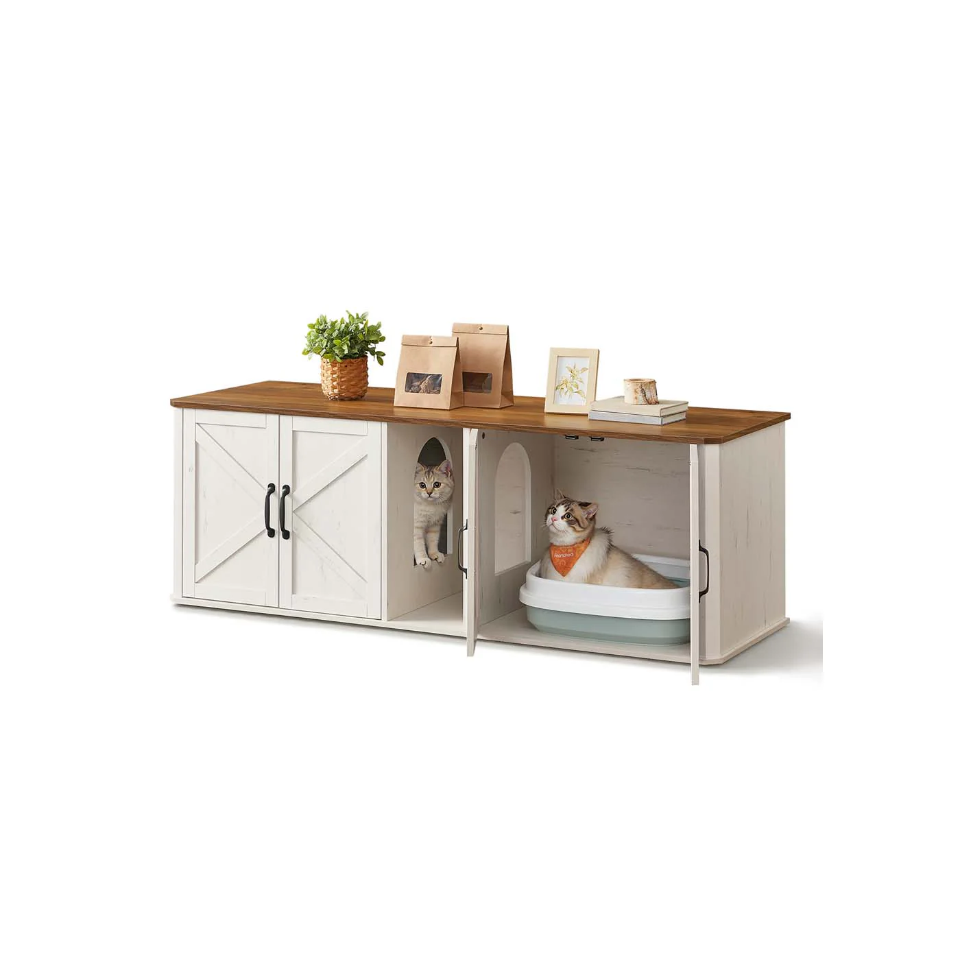 Feandrea Double Cat Litter Box Enclosure, Modern Litter Box Furniture Hidden for 2 Cats