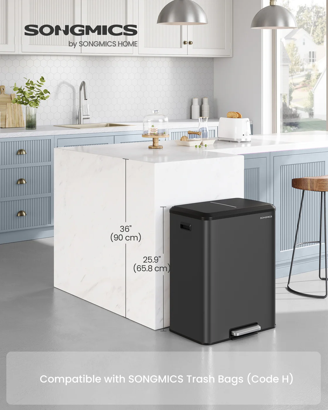 Stainless steel dual pedal trash can for kitchen recycling - Image 2