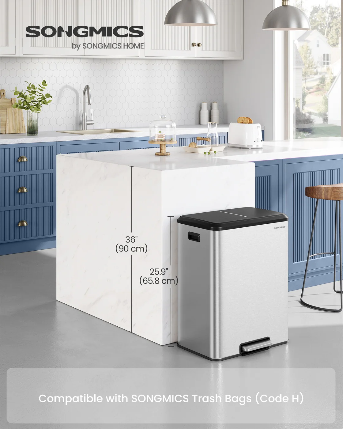 Stainless steel dual pedal trash can for kitchen recycling - Image 3