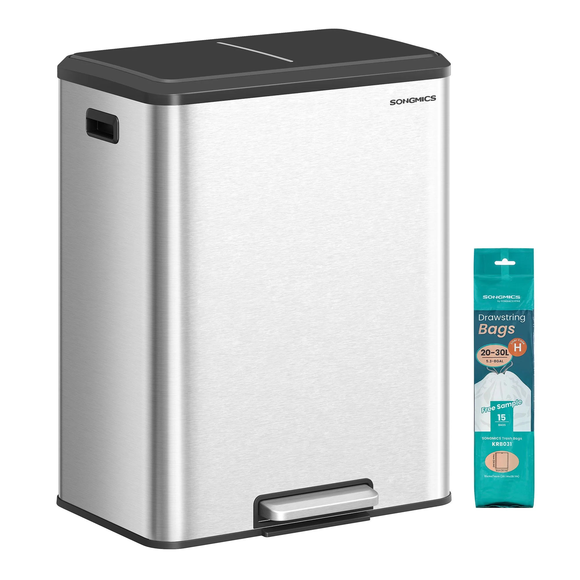 16 Gallon (2 x 8 Gal) Dual Trash Can, Stainless Steel, Soft-Close Lid - Image 3