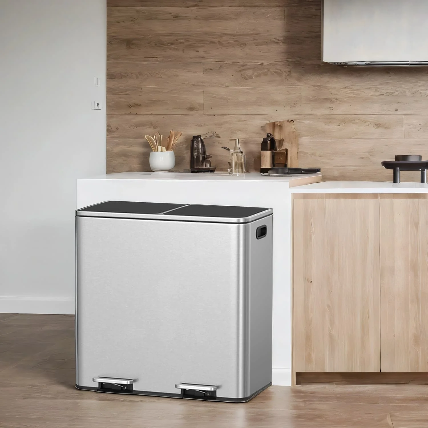 Dual compartment kitchen trash can with airtight lids