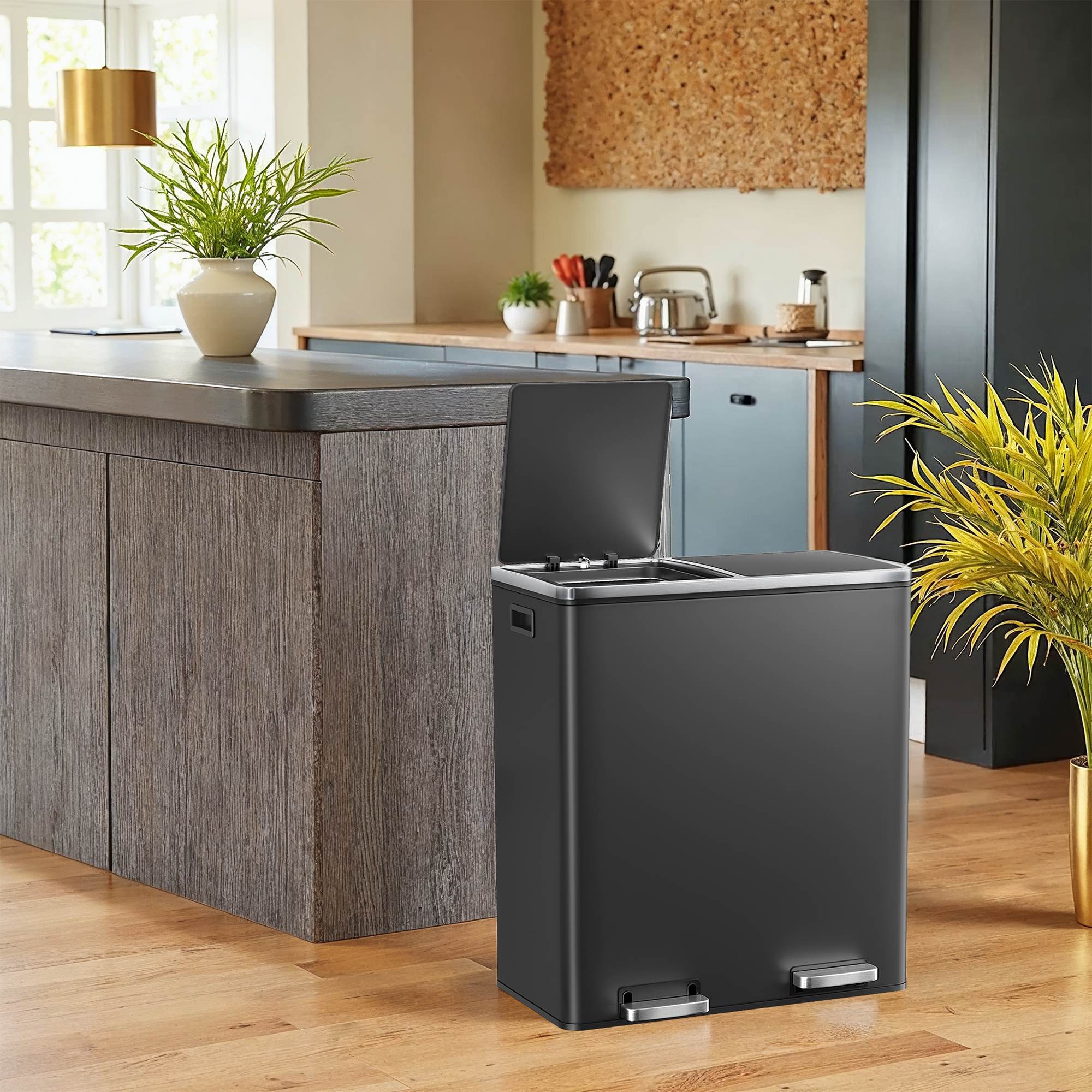 Dual compartment kitchen trash can with airtight hinged lids