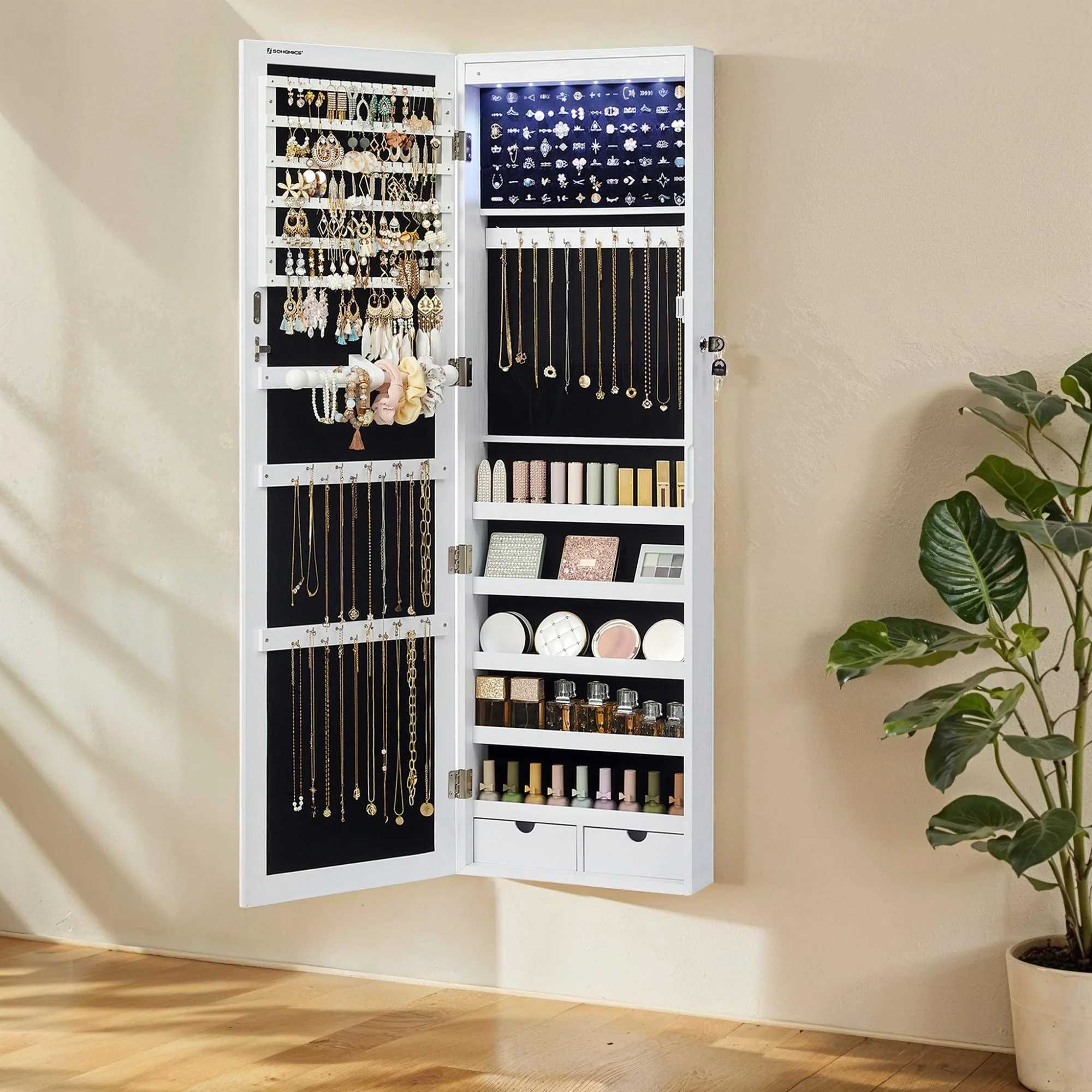 Lockable mirror jewelry armoire with lights for wall or door
