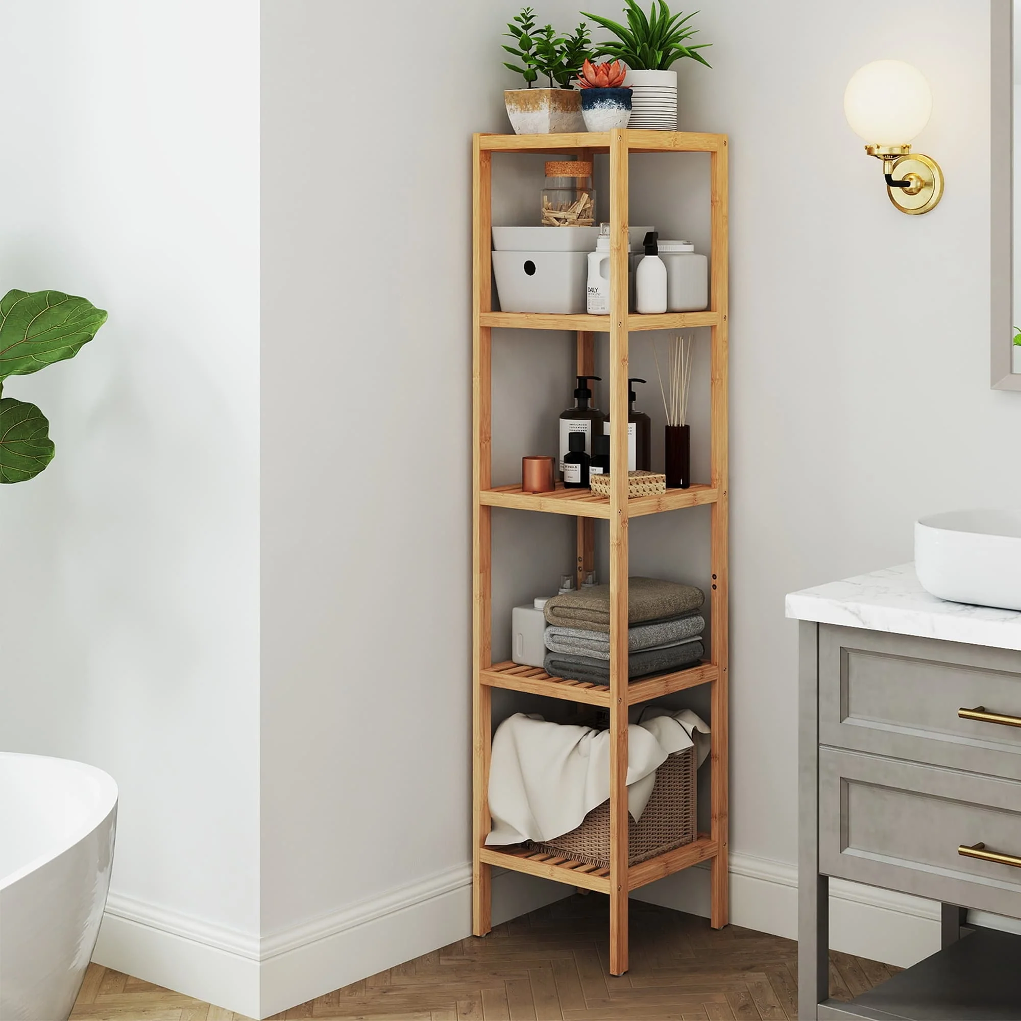 Bamboo bathroom shelf for narrow multifunctional home storage