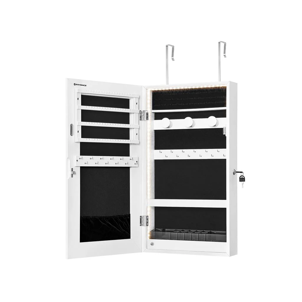 Wall-Mounted Mirror Jewelry Cabinet Armoire with LED Lights