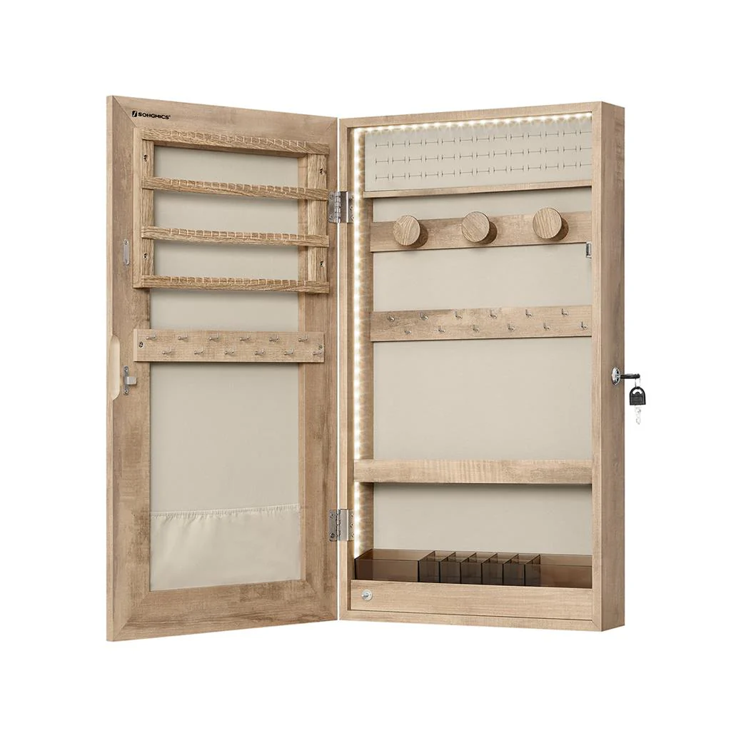 Wall-Mounted Mirror Jewelry Cabinet Armoire with LED Lights - Image 3