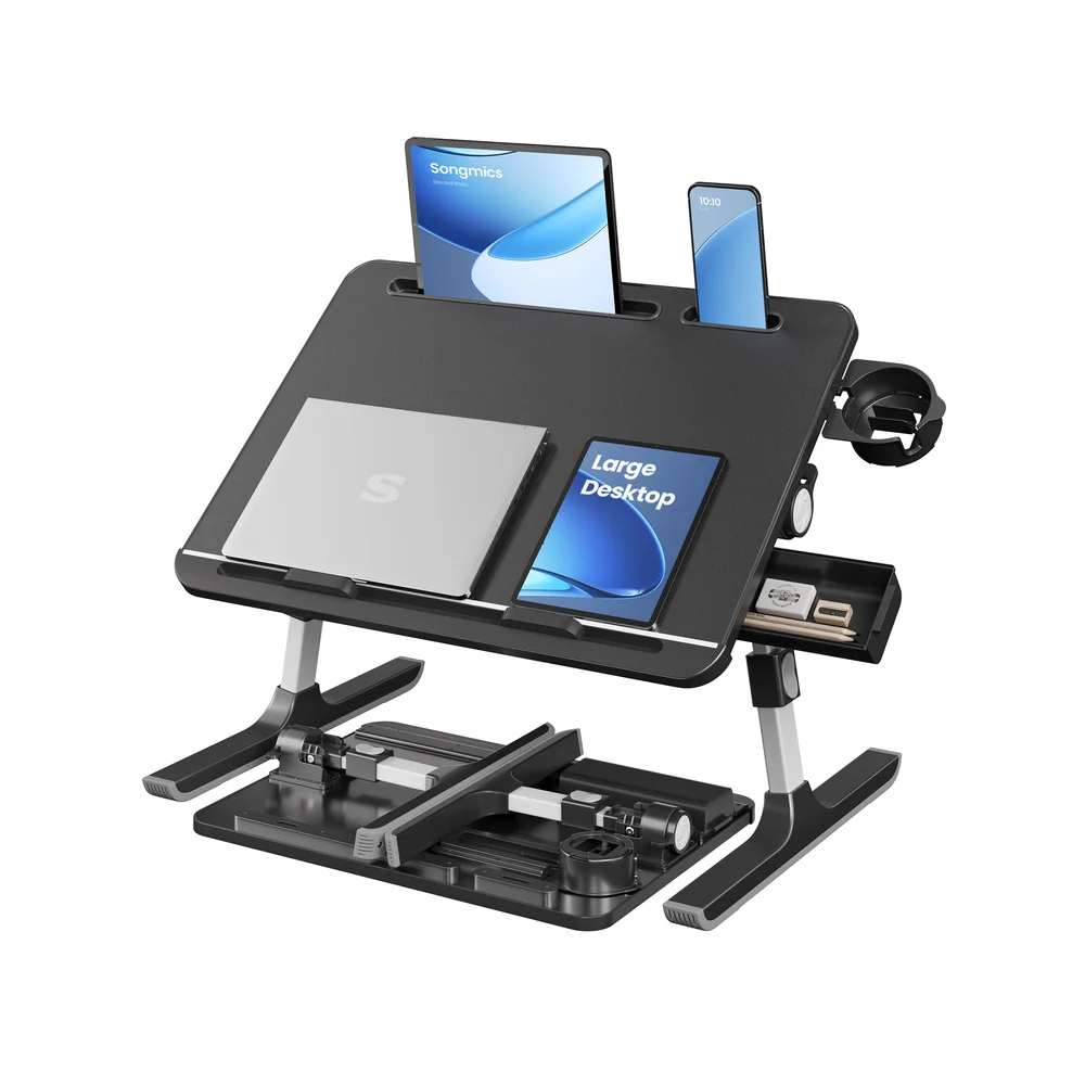 Foldable bed laptop desk with adjustable tilt and cup holder