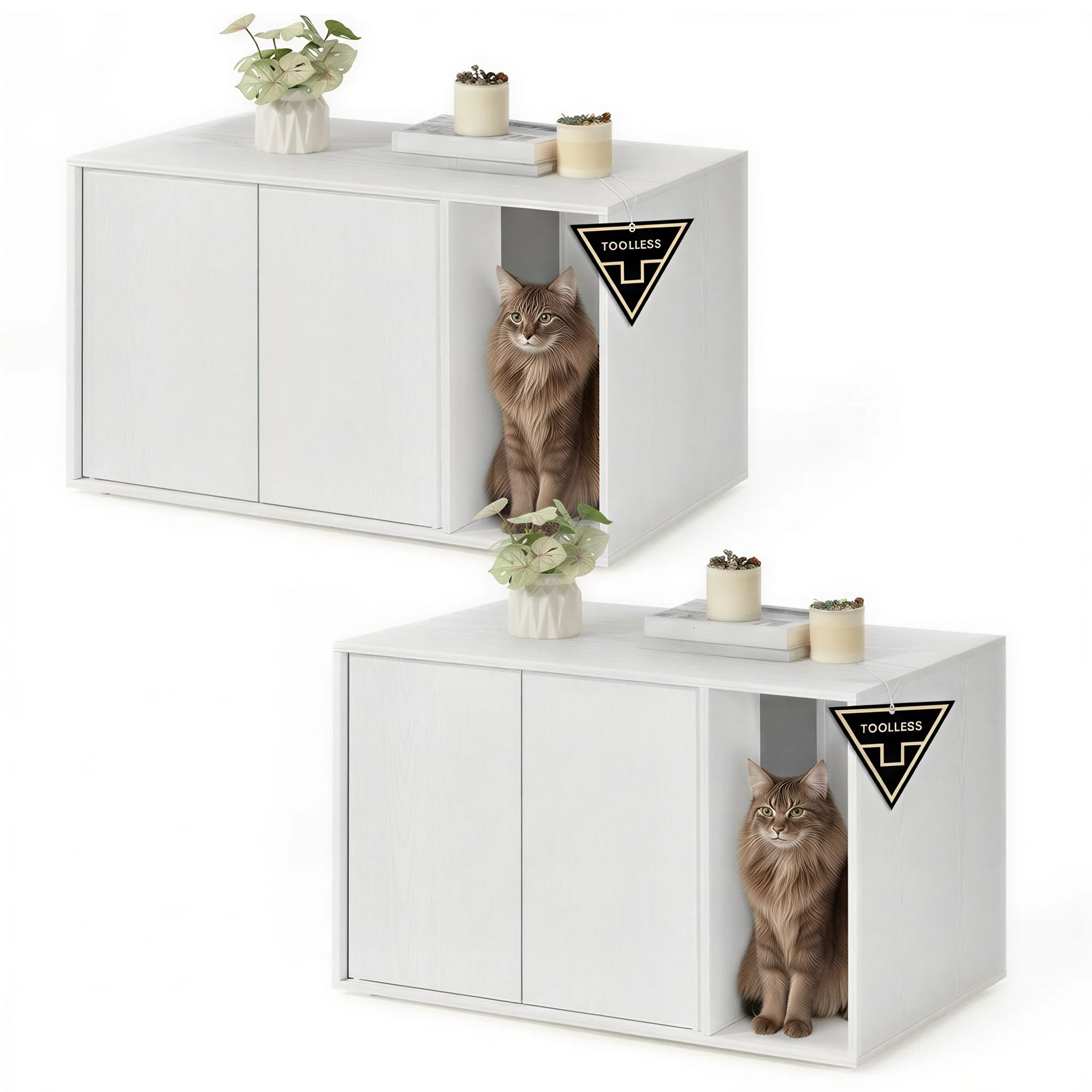 Enclosure, Superfast Toolless Assembly, Cat House for Large Cats, Display Side Table, Push-to-Open Doors, Minimalist Modern, Set of 2, Snow White UPCL013W01-2J
