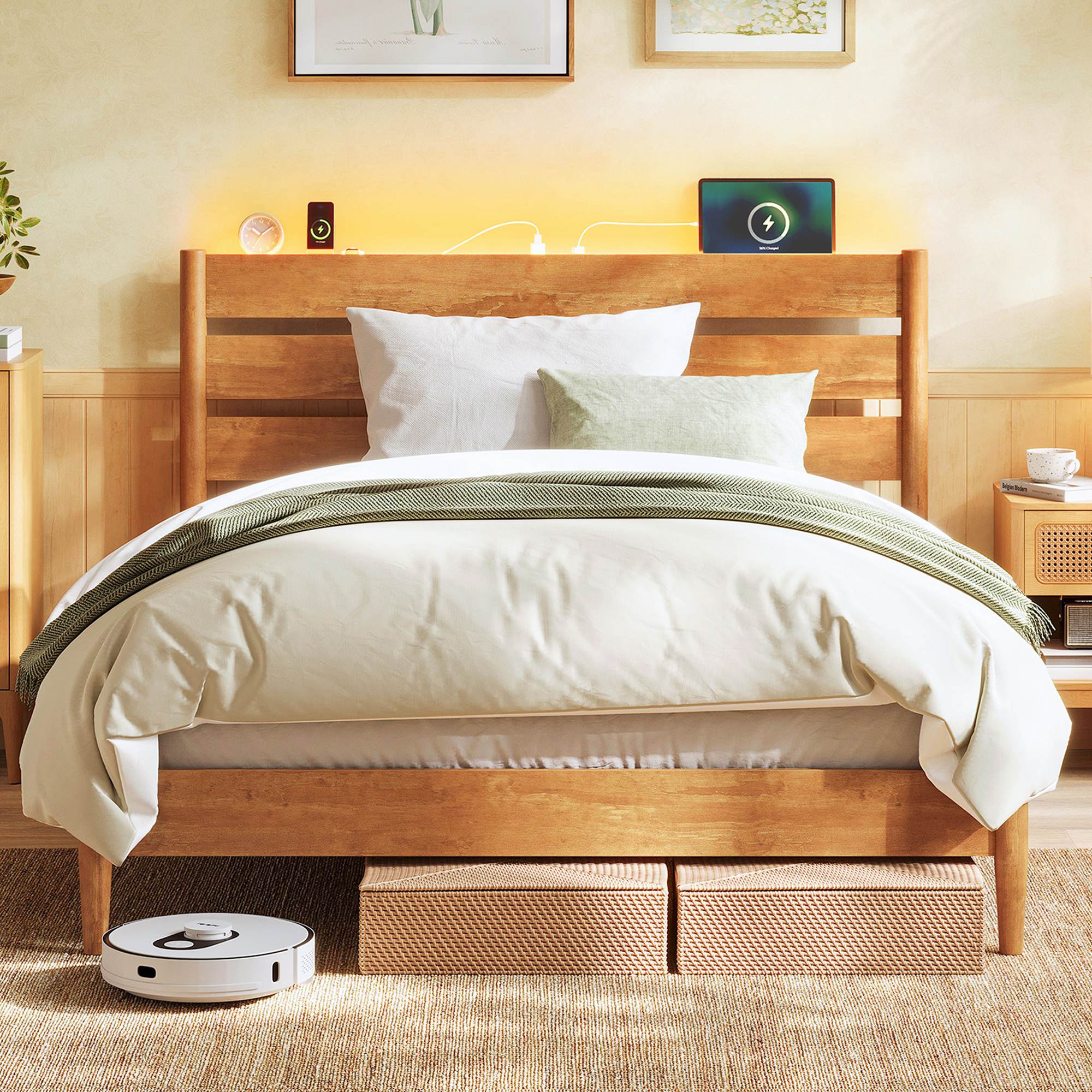 Mid-Century Modern Bed Frame with LED Headboard & Charging Station