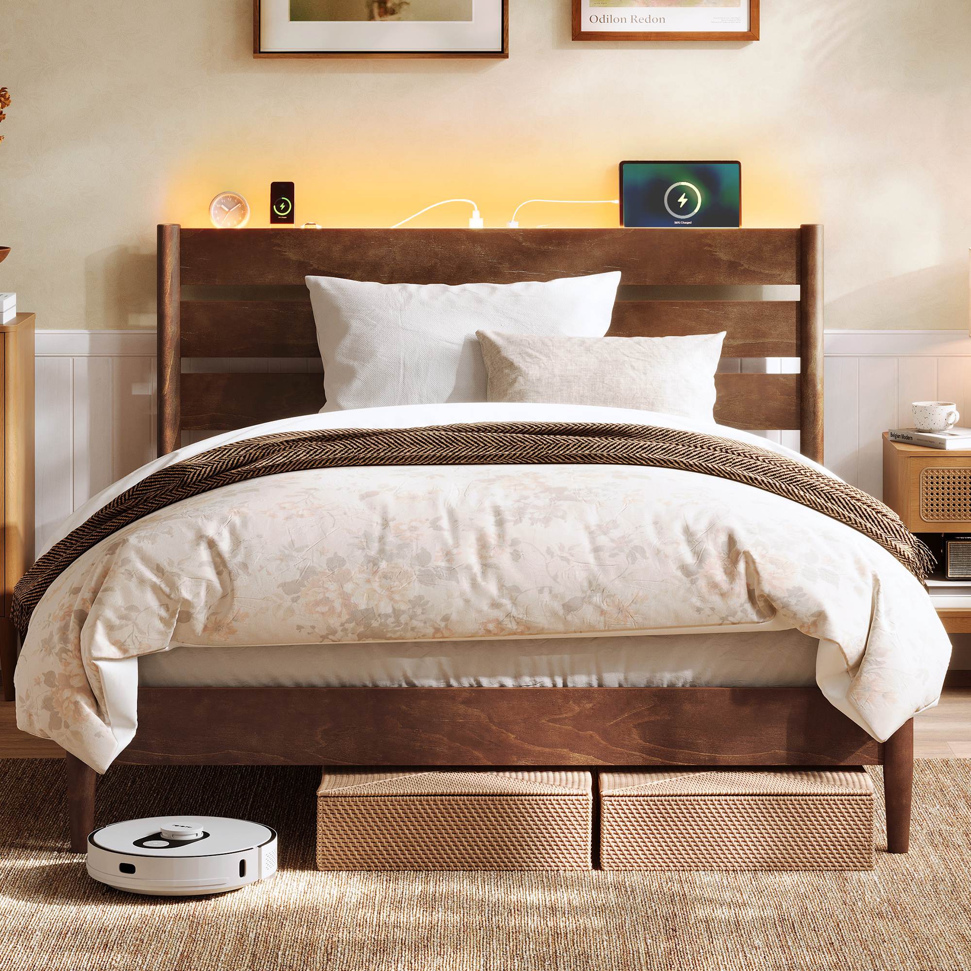 Mid-Century Modern Bed Frame with LED Headboard & Charging Station - Image 2