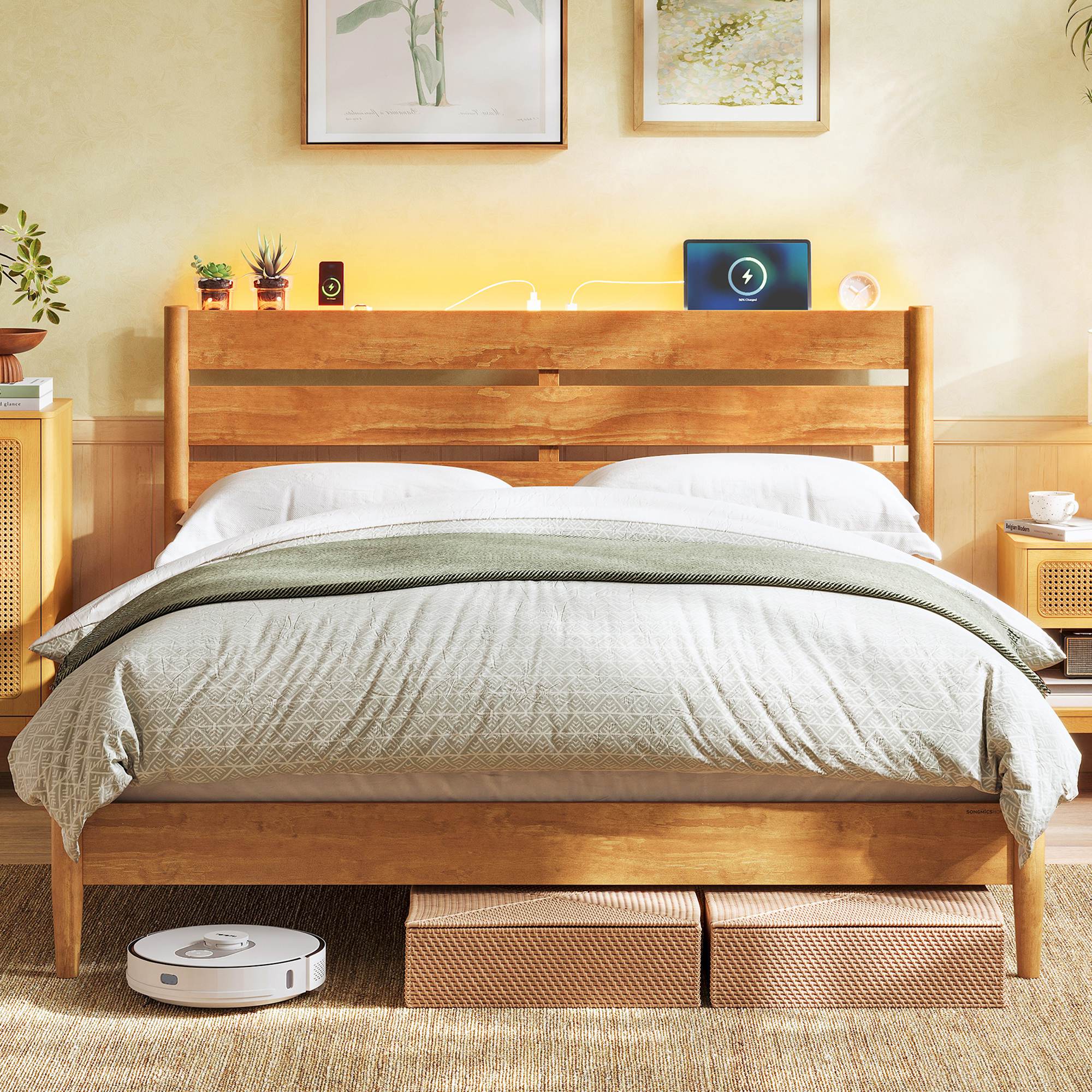 Mid-Century Modern Bed Frame with LED Headboard & Charging Station - Image 3