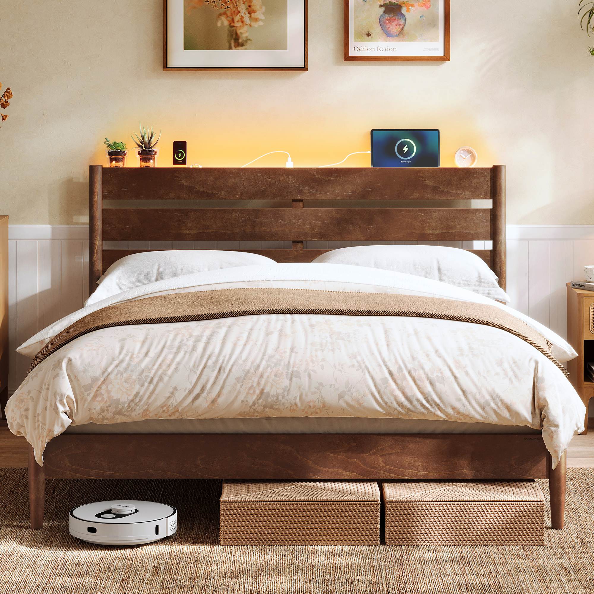 Mid-Century Modern Bed Frame with LED Headboard & Charging Station - Image 4