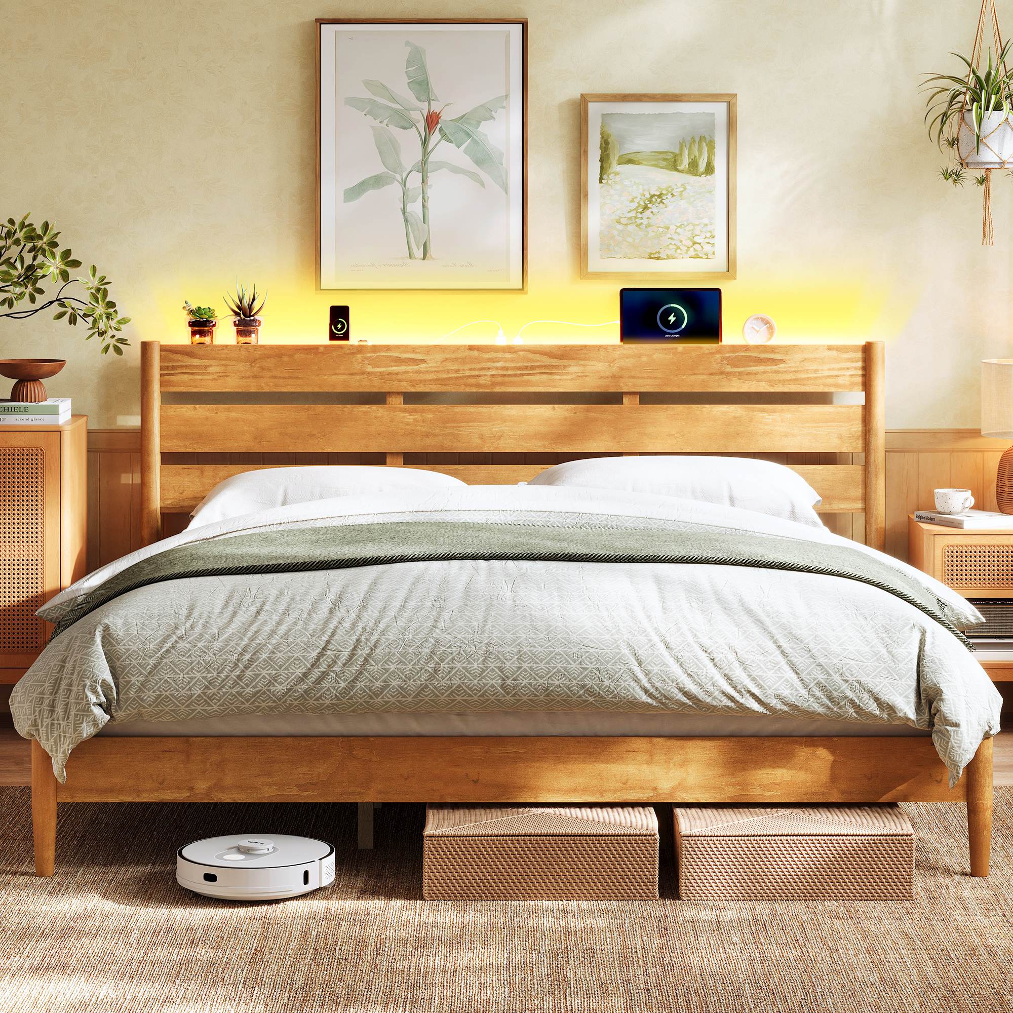 Mid-Century Modern Bed Frame with LED Headboard & Charging Station - Image 5