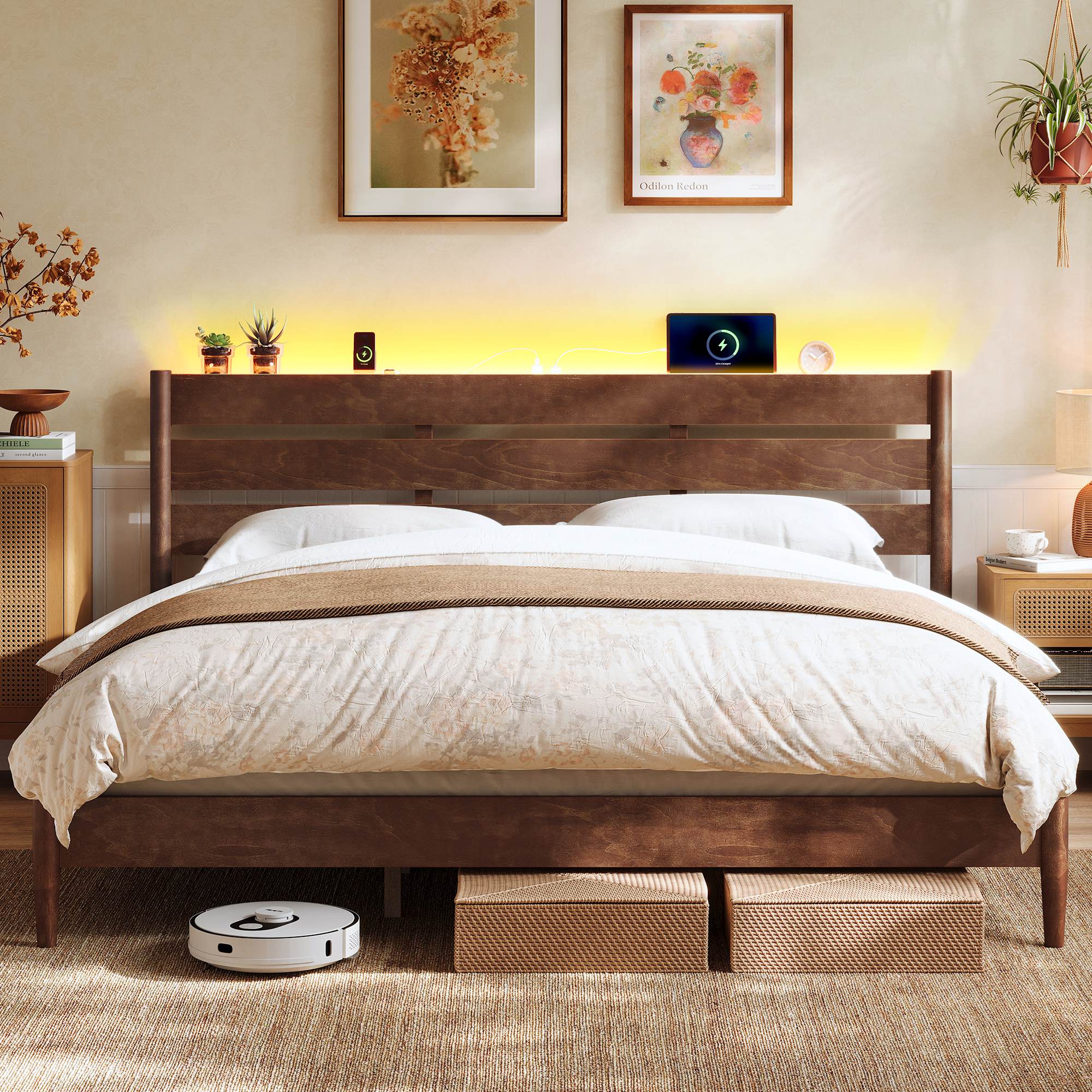 Mid-Century Modern Bed Frame with LED Headboard & Charging Station - Image 6