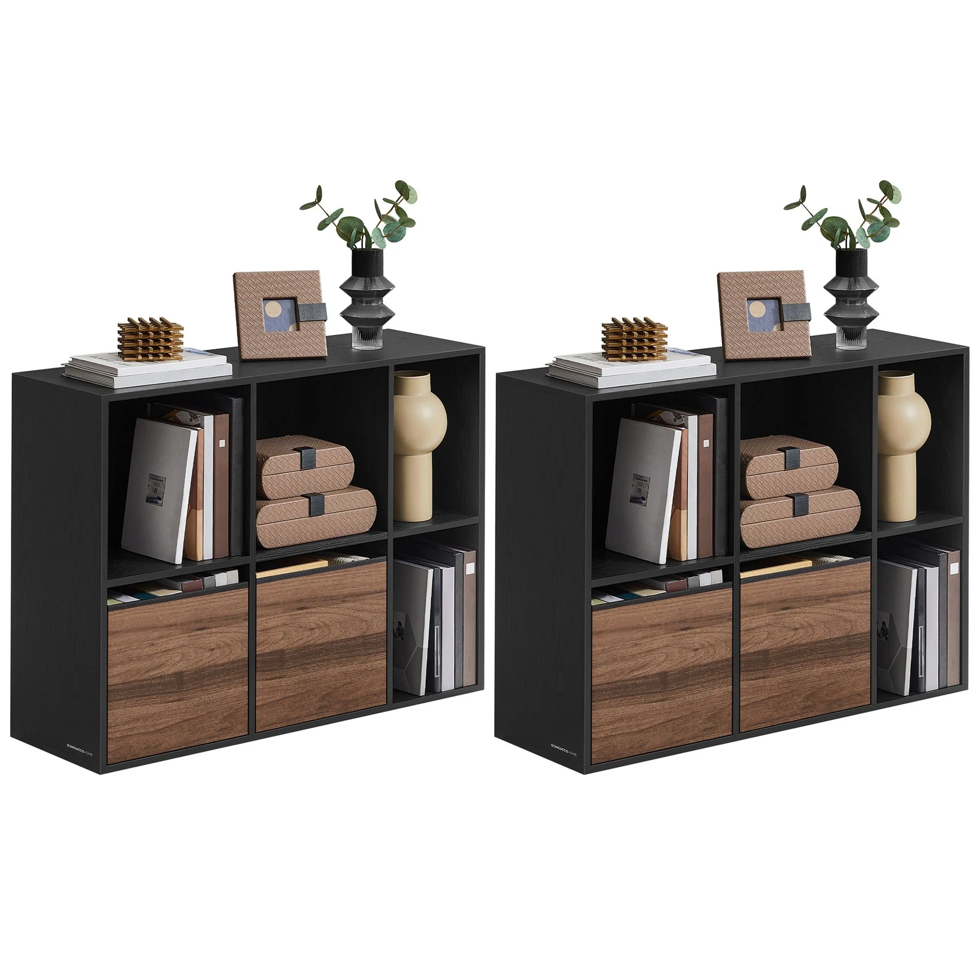 SONGMICS Home Bookshelf, Superfast Toolless Assembly, Cube Storage Organizer with 6 Compartments, Set of 2 Bookcase, 4 Fabric Drawers, Natural Walnut and Ebony Black UZH2507020