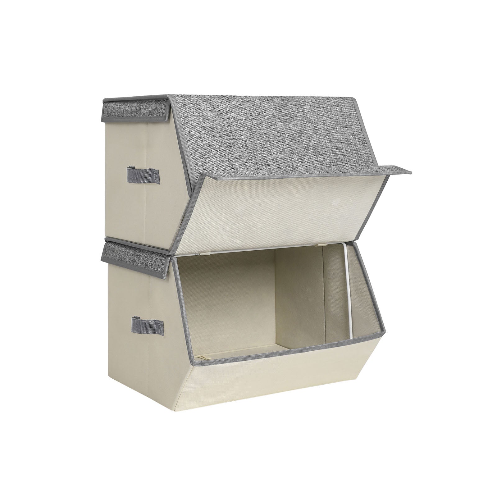 SONGMICS HOME Stackable Storage Bins, Fabric Storage Boxes with Lids, Stackable Storage Cubes with Magnetic Closures, a Semi-Open Front, Lid Can Stay Open after Stacked up, Set of 2, Gray