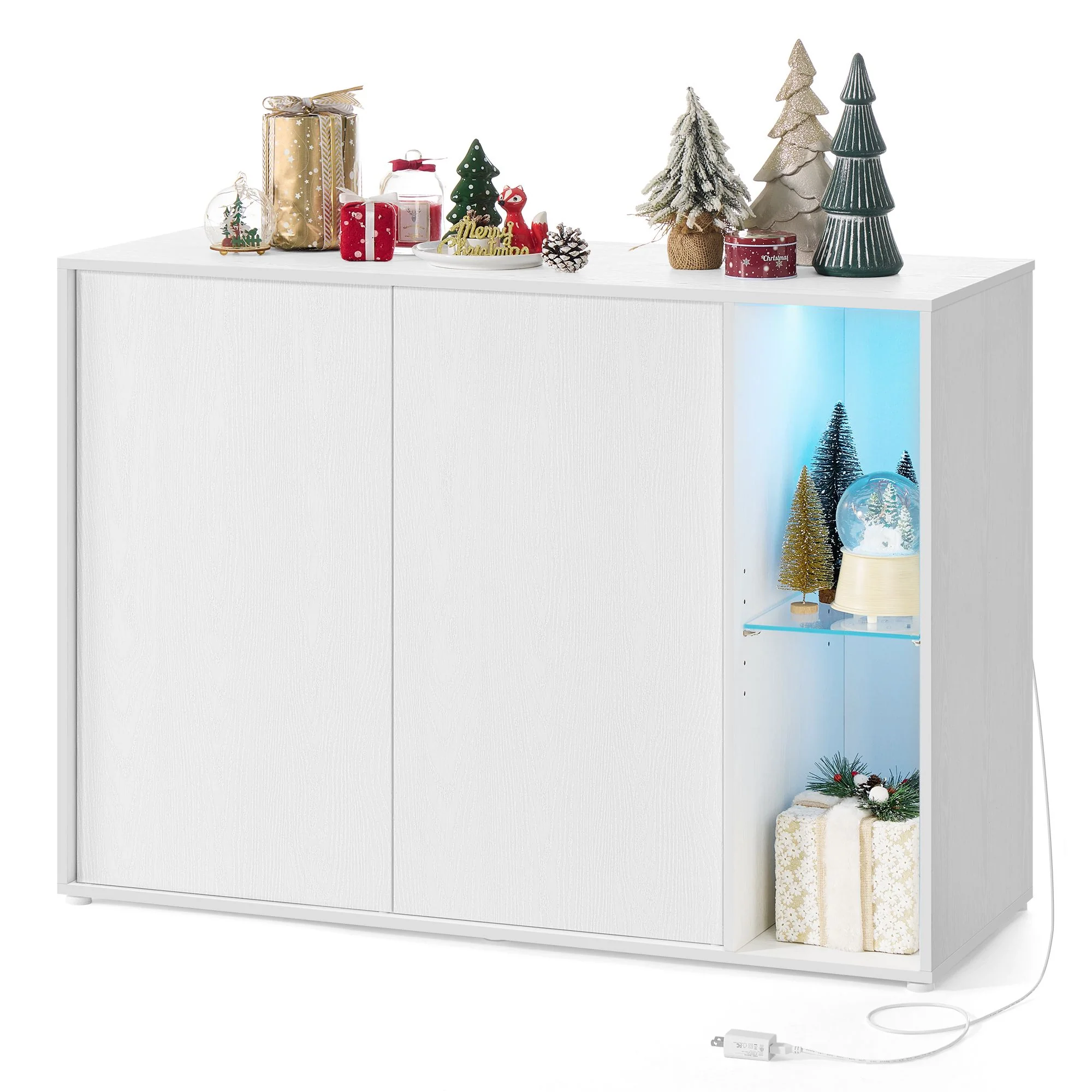 SONGMICS HOME Storage Cabinet, Superfast Toolless Assembly, Accent Buffet Cabinet with Lighting and Glass Shelf, Sideboard for Living Room, Snow White UBBK372W02