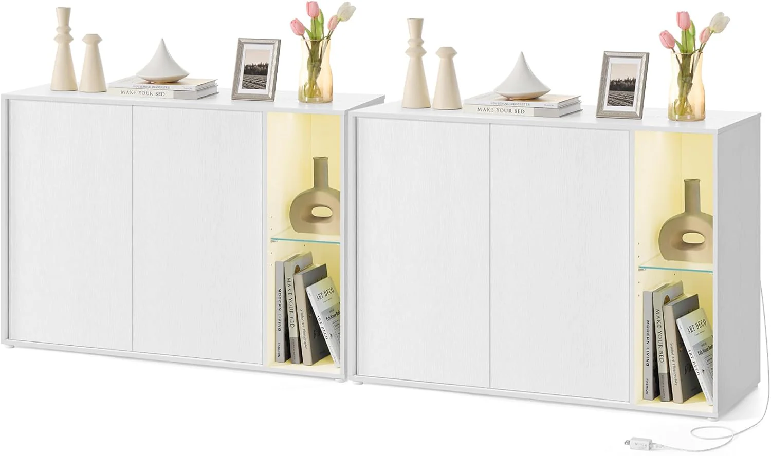 SONGMICS HOME Storage Cabinets, Superfast Toolless Assembly, Accent Buffet Cabinet with Lighting and Glass Shelf, Set of 2 Sideboards for Living Room, Snow White