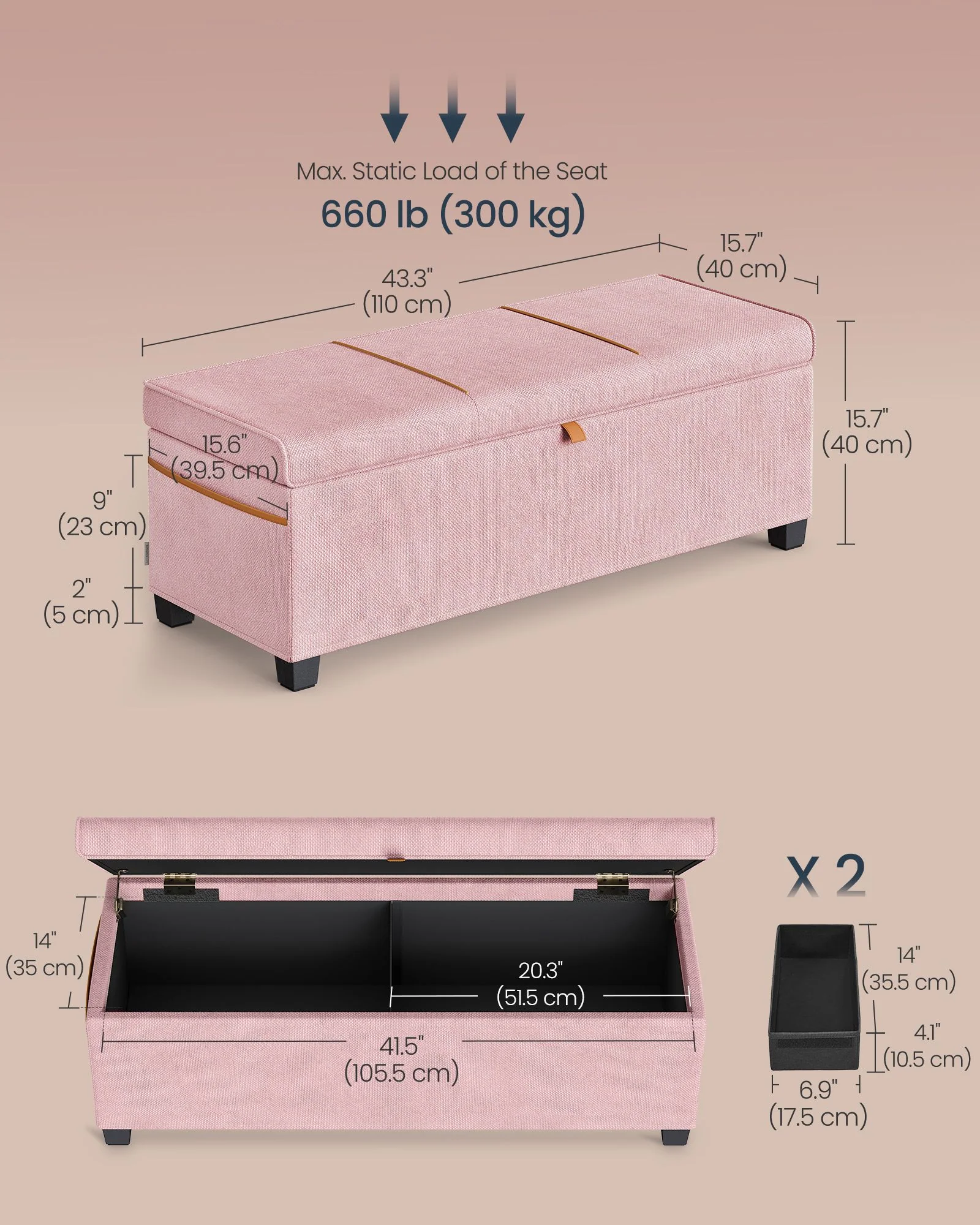 SONGMICS HOME Storage Ottoman Bench, Storage Chest, 15.7 x 43.3 x 15.7 Inches, End of Bed Bench, 27 Gal. (103 L), for Bedroom, Entryway, Living Room - Image 2