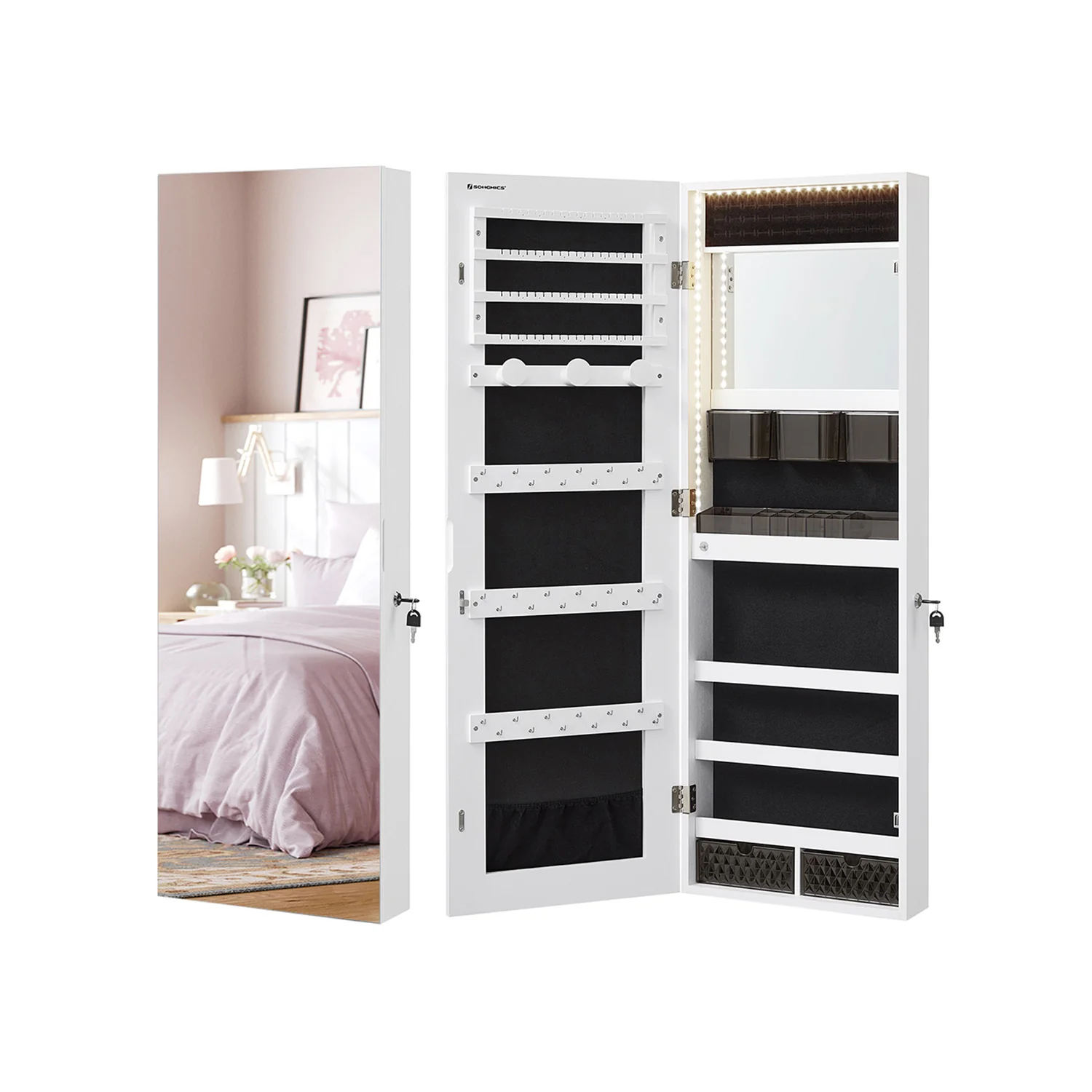 Hanging Jewelry Cabinet Armoire with Built-in Mirror and LED Lights