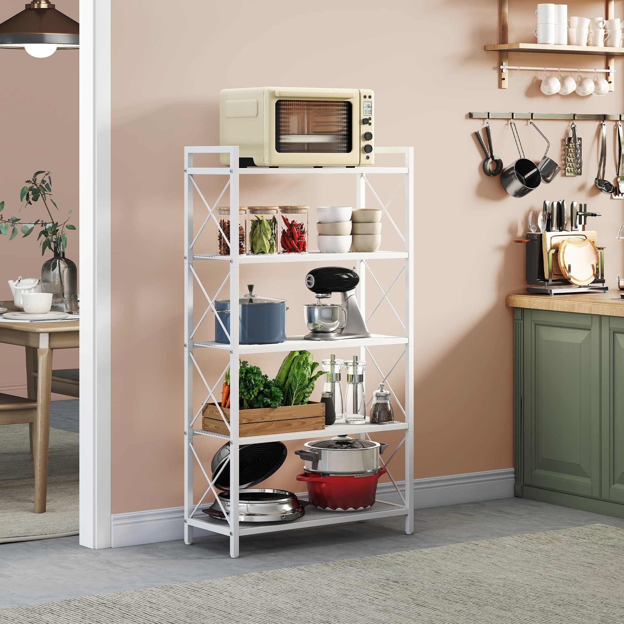Metal shelving unit for versatile storage for entryway and kitchen