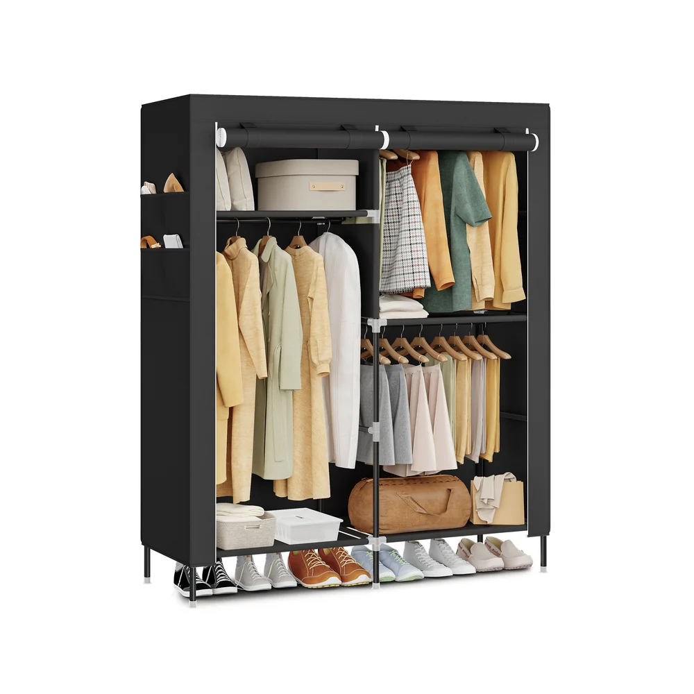 Fabric portable closet with shelves and hanging rods