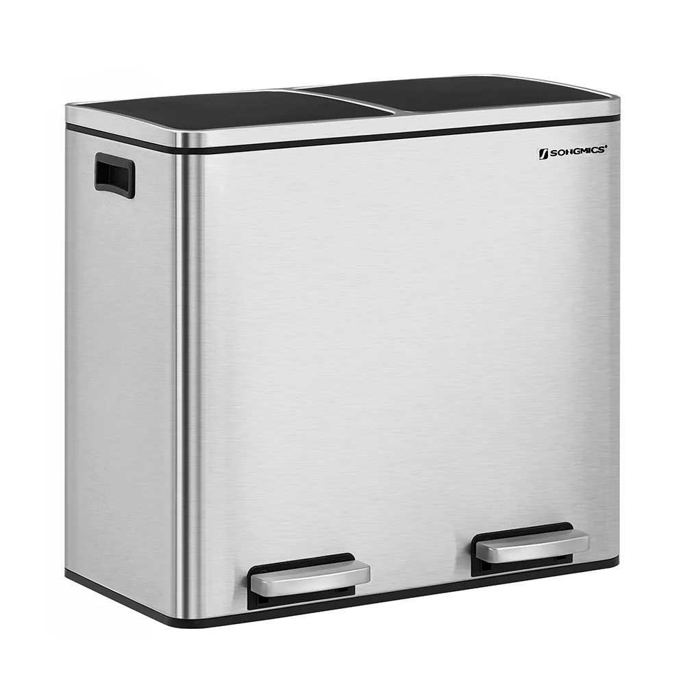2 x 6.3 Gallon Silver Dual Trash Can with Lid & Handles