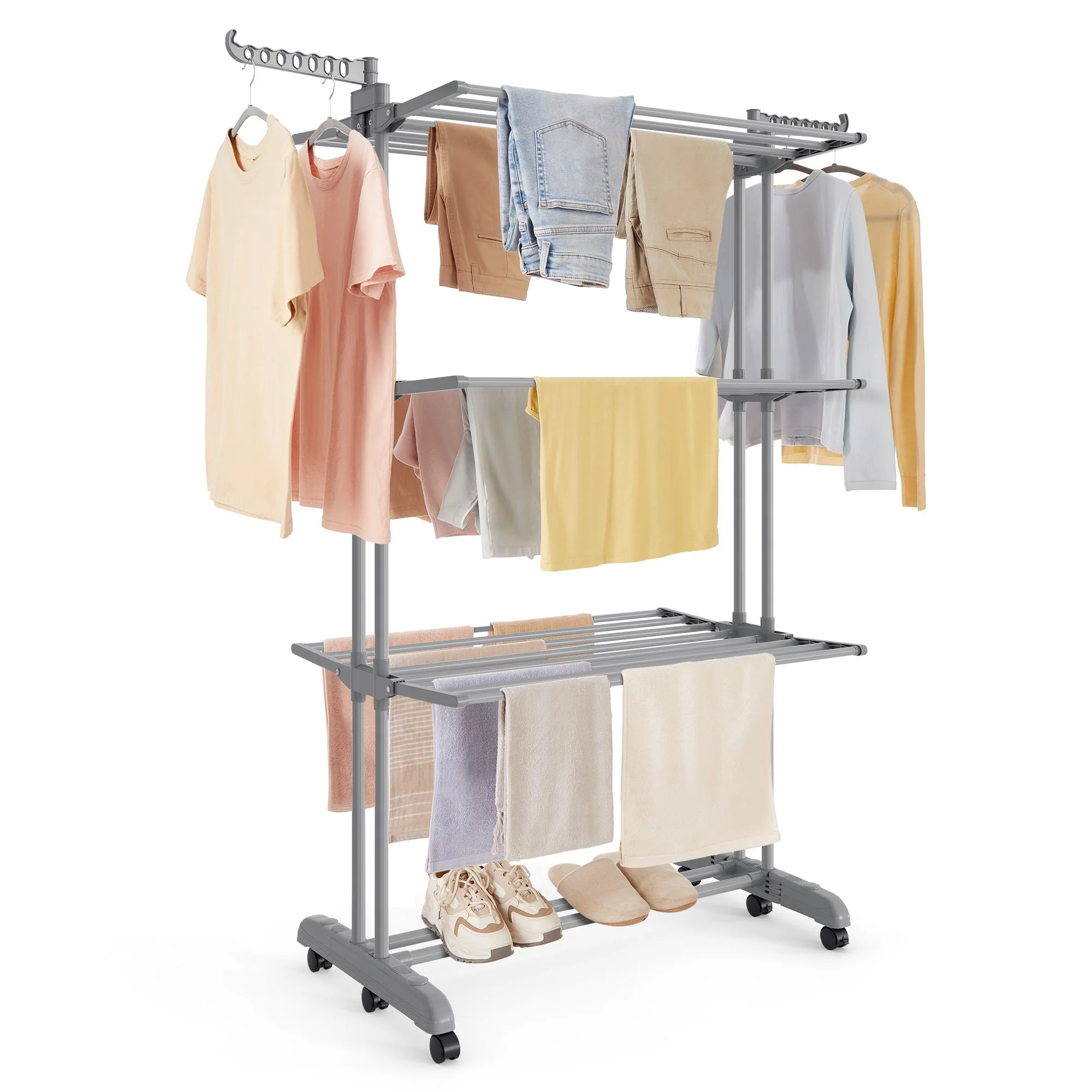SONGMICS Clothes Drying Rack 4-Tier, Foldable Laundry Drying Rack 173 cm Tall, Stainless Steel, Rolling Clothes Horses