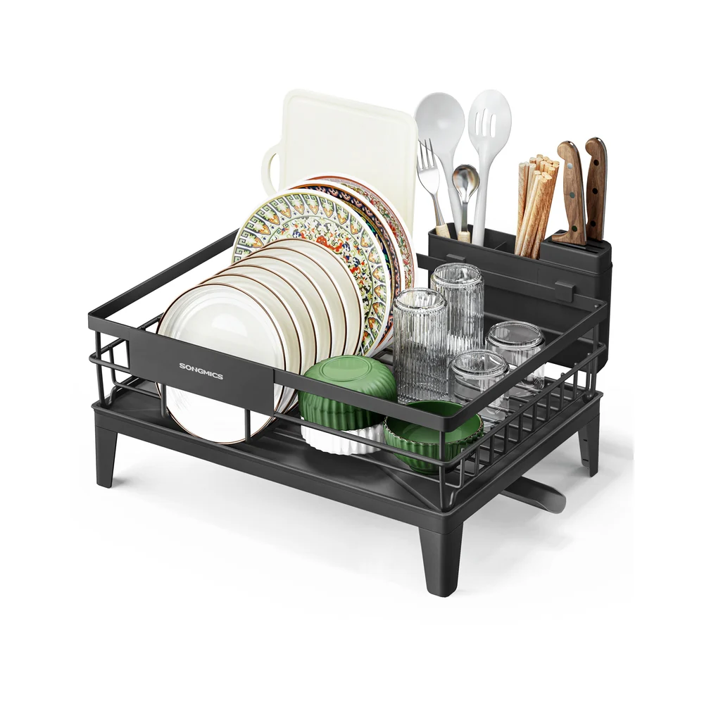 Dish drying rack with drainboard and rotatable spout