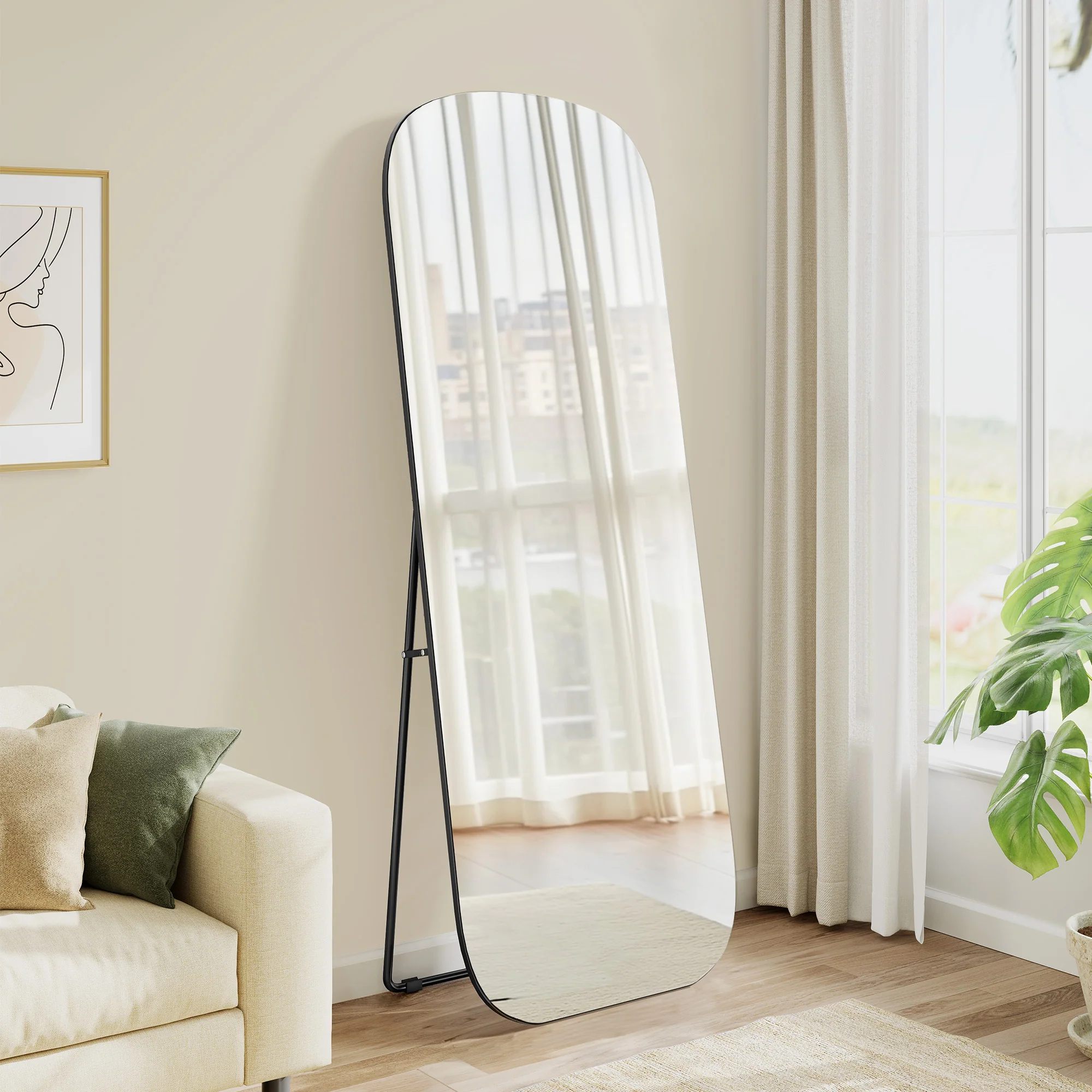 SONGMICS Full Length Mirror, 160 x 50 cm, Rounded Rectangle Full Body Floor Mirror with Stand