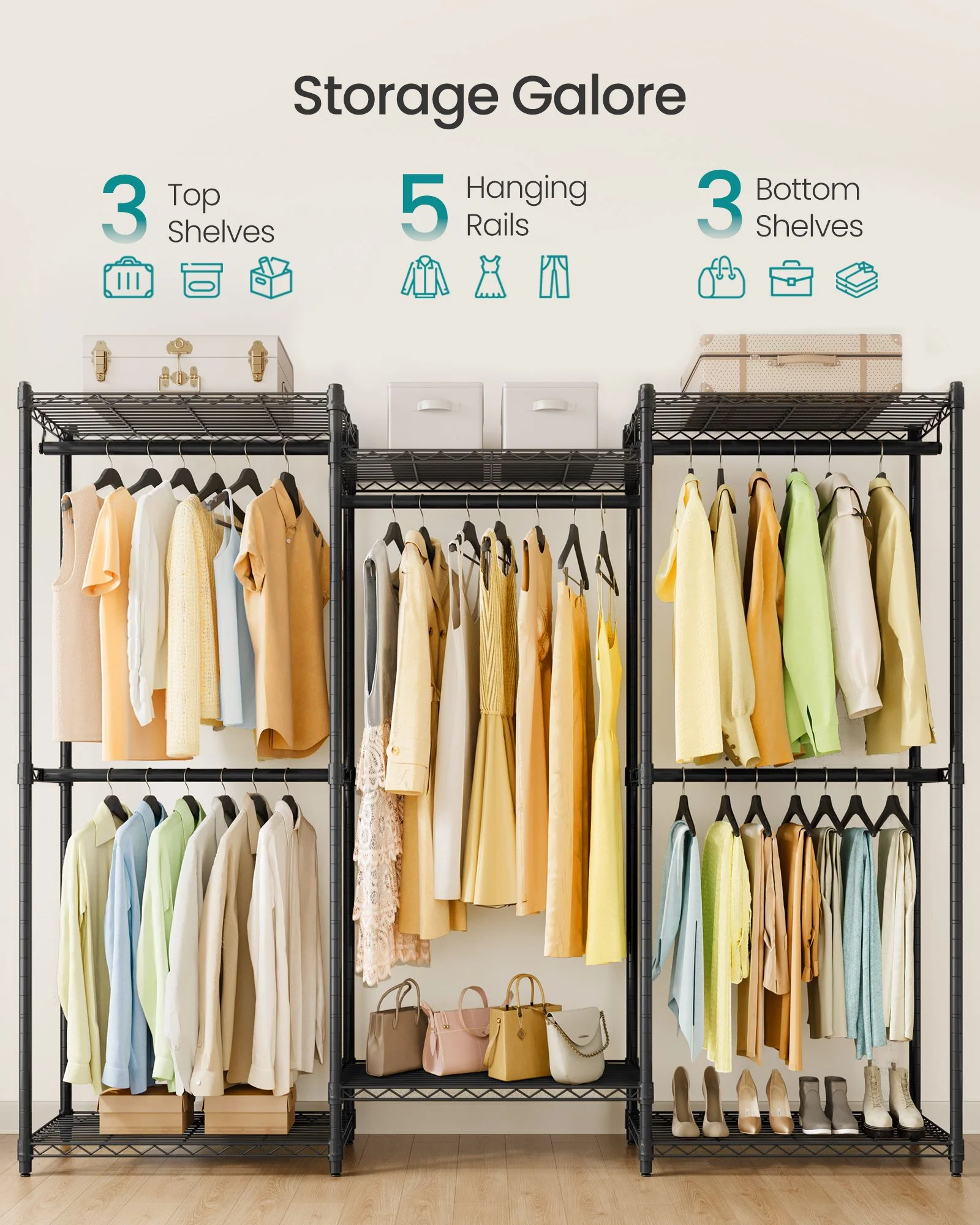 SONGMICS Heavy-Duty Clothes Rack, Garment Rack, Portable Closet, 68.7-Inch Wide Clothing Rack with Adjustable Mesh Shelves and Hanging Rails, Ink Black