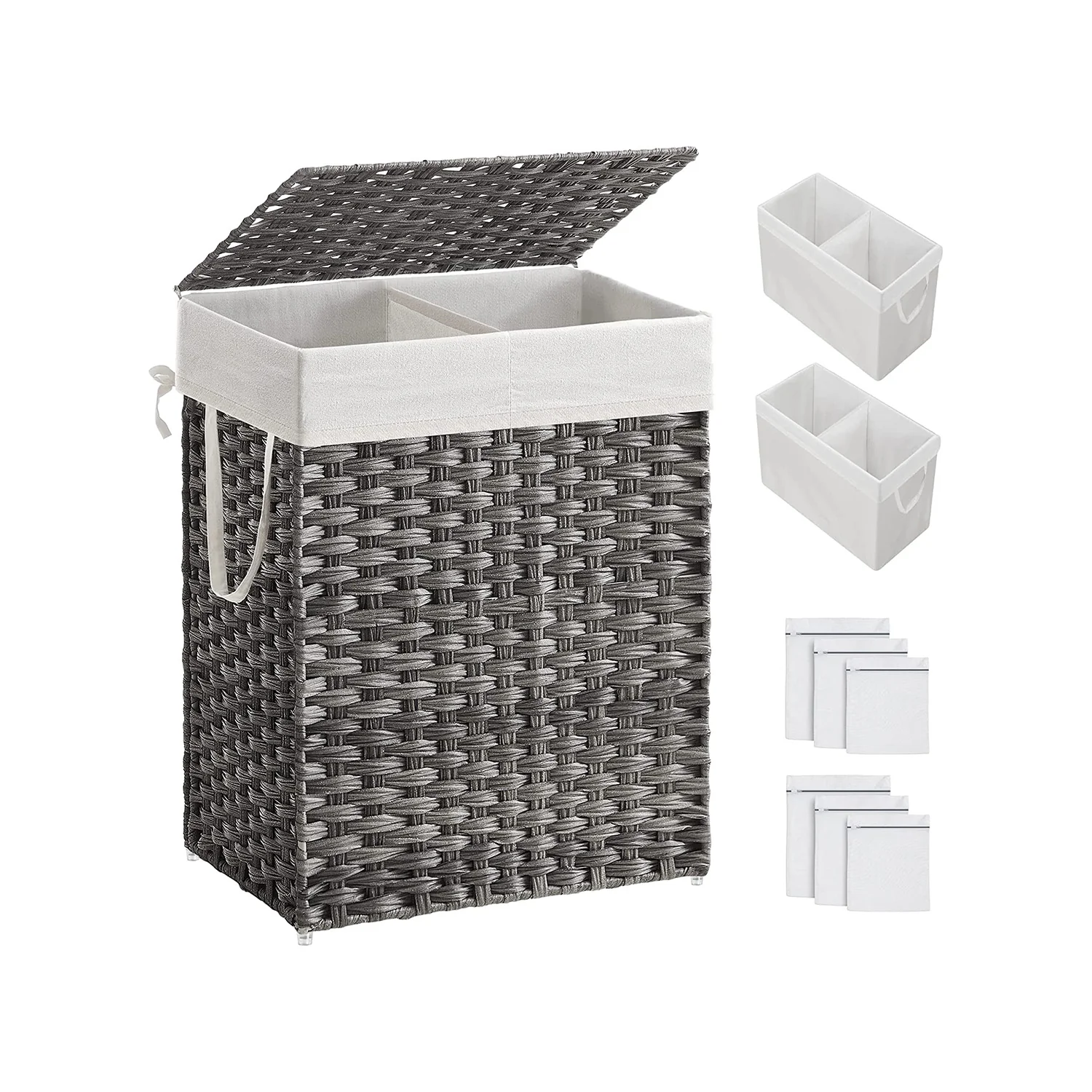 SONGMICS Laundry Hamper with Lid, 90L Clothes Hamper with 2 Removable Liner Bags, 6 Mesh Bags, Wicker Laundry Basket, Double Laundry Hamper for Bathroom, 13 x 18.1 x 23.6 Inches, Gray