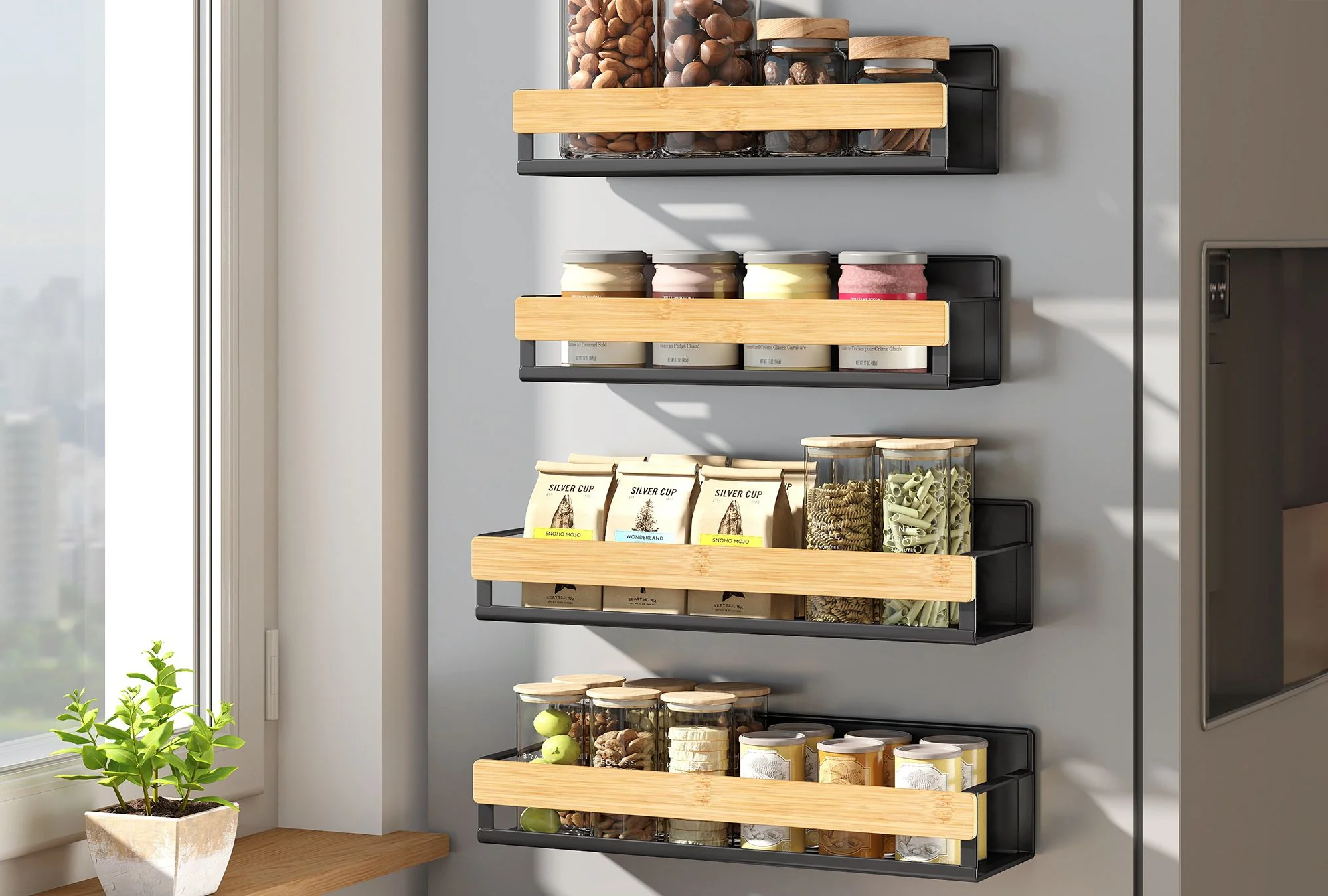 SONGMICS Magnetic Bamboo Spice Rack for Refrigerator