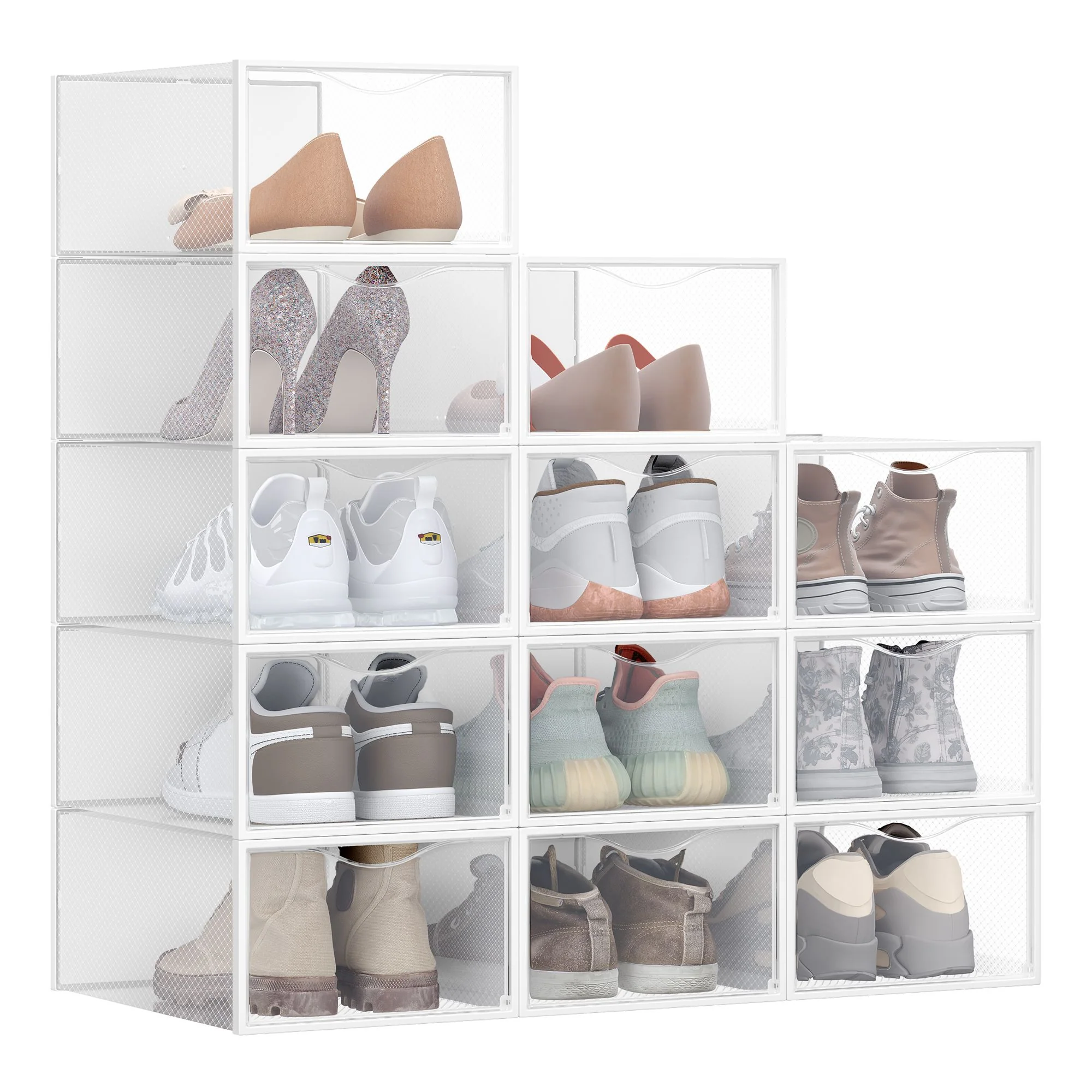 SONGMICS Stackable Shoe Boxes, Set of 12 Plastic Shoe Organizers with Door