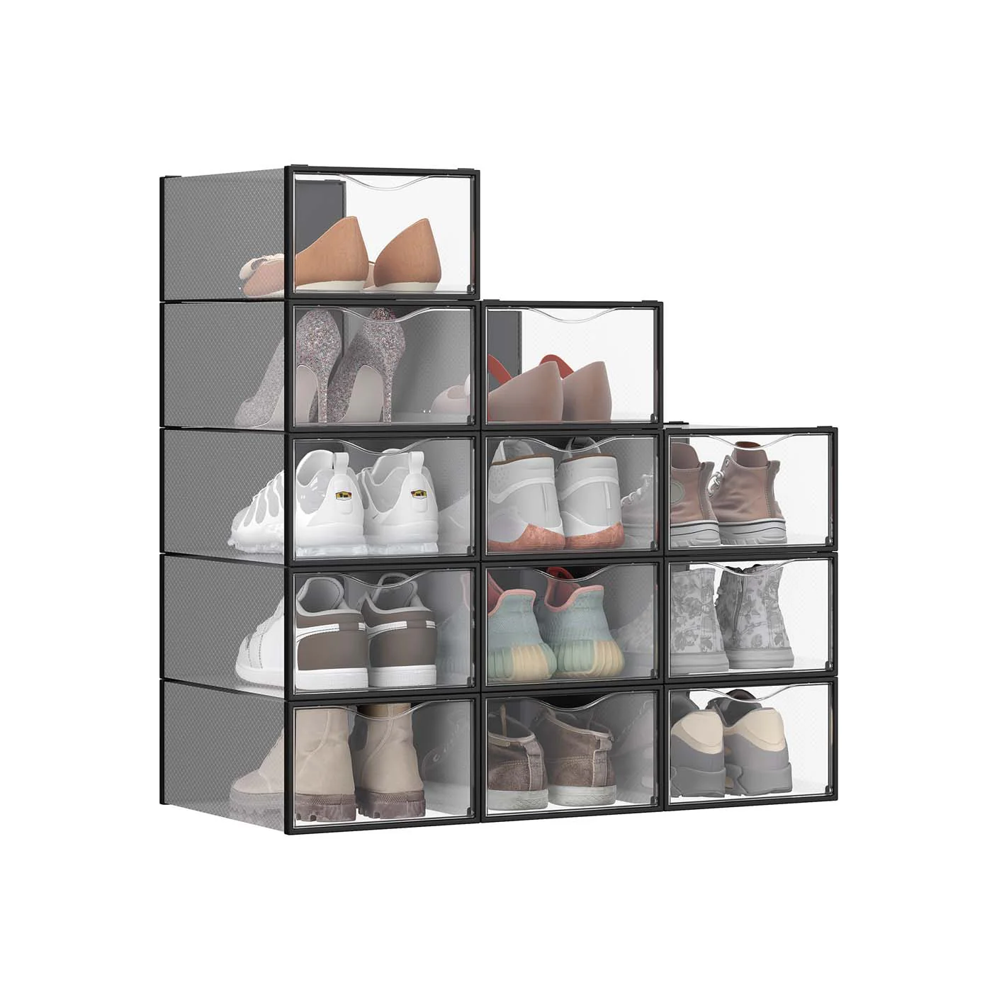 SONGMICS Stackable Shoe Boxes, Set of 12 Plastic Shoe Organizers with Door