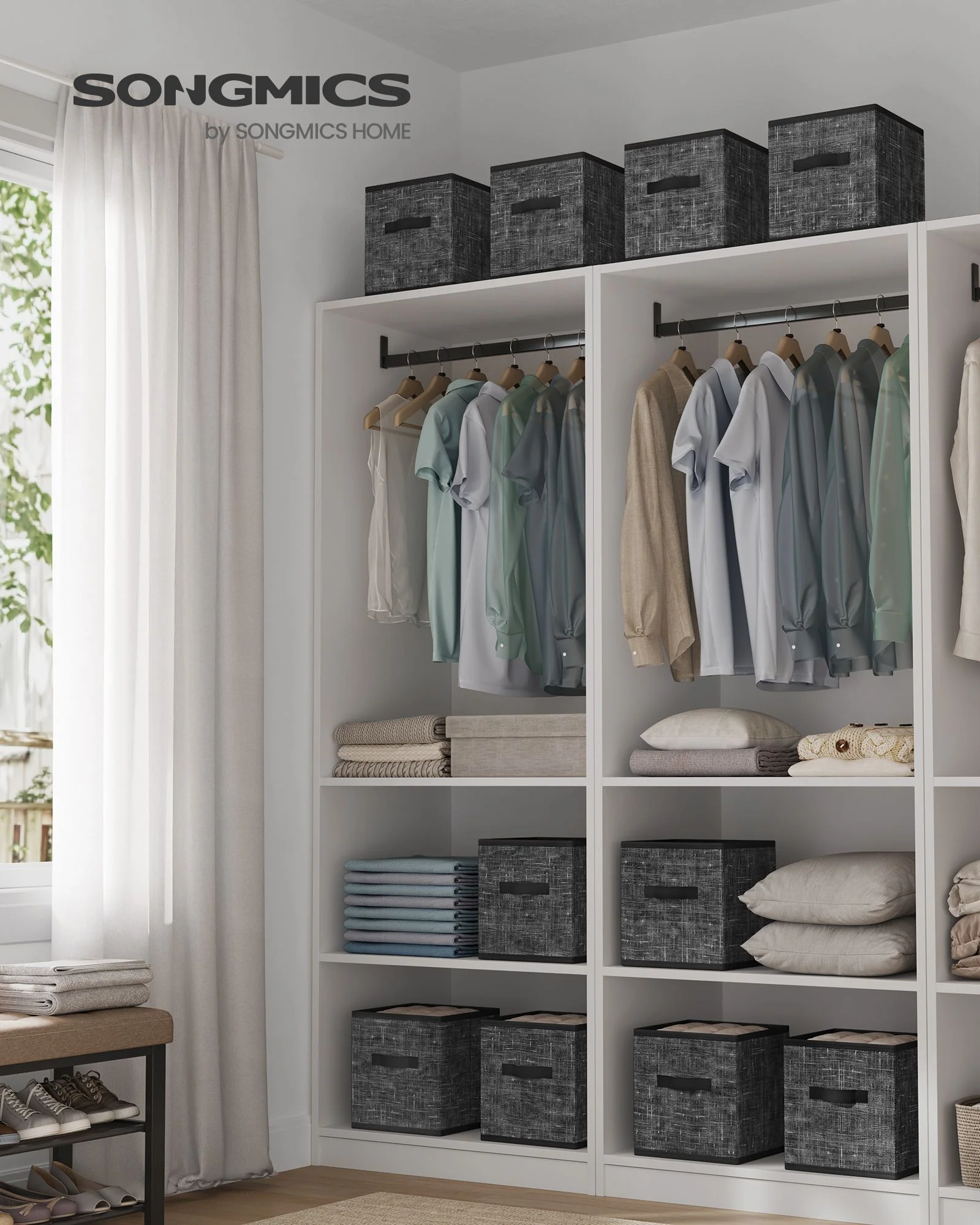 SONGMICS Storage Cubes, Non-Woven Fabric Bins with Double Handles, Set of 10, Closet Organizers for Shelves, Foldable, for Clothes - Image 2