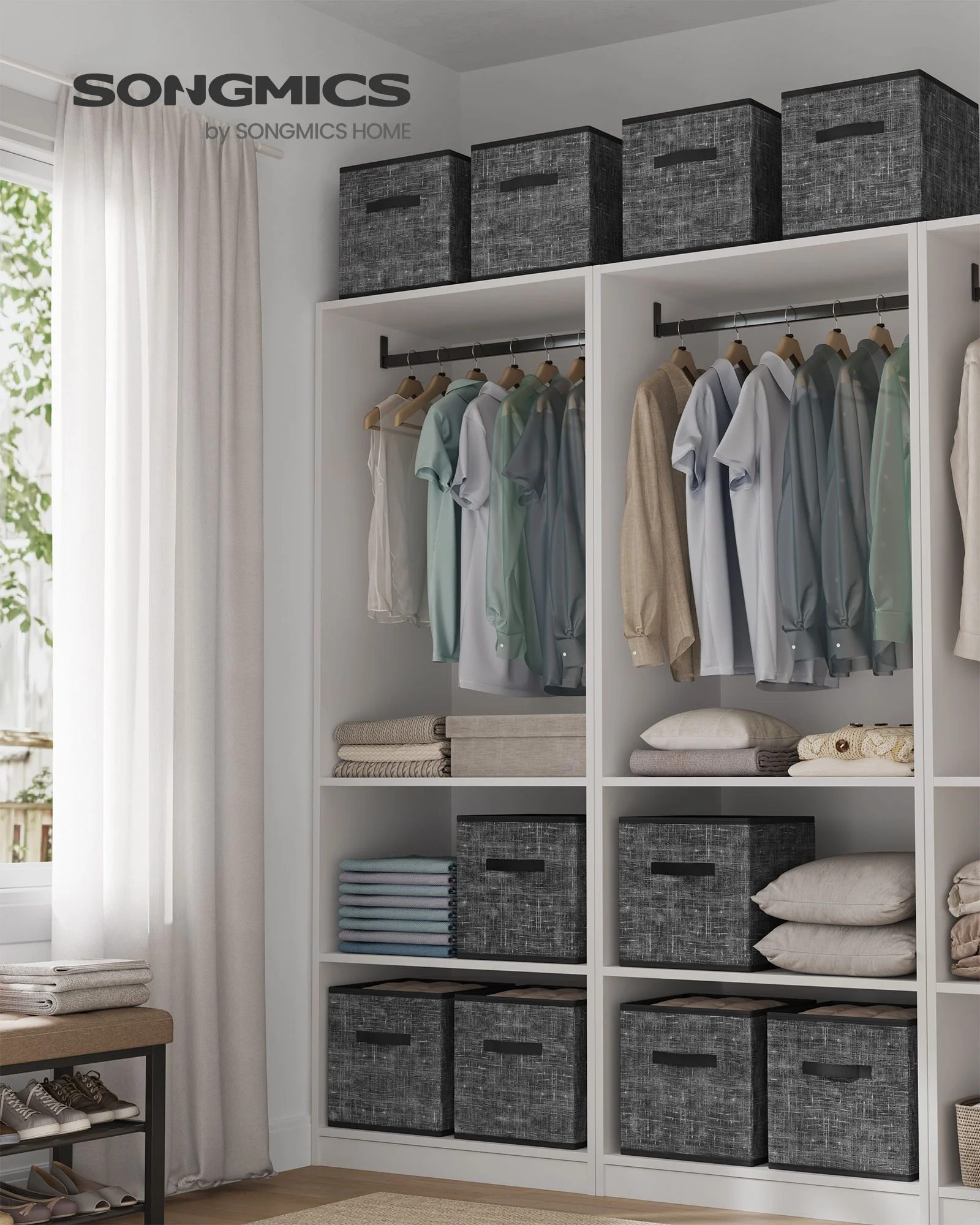 SONGMICS Storage Cubes, Non-Woven Fabric Bins with Double Handles, Set of 10, Closet Organizers for Shelves, Foldable, for Clothes - Image 4