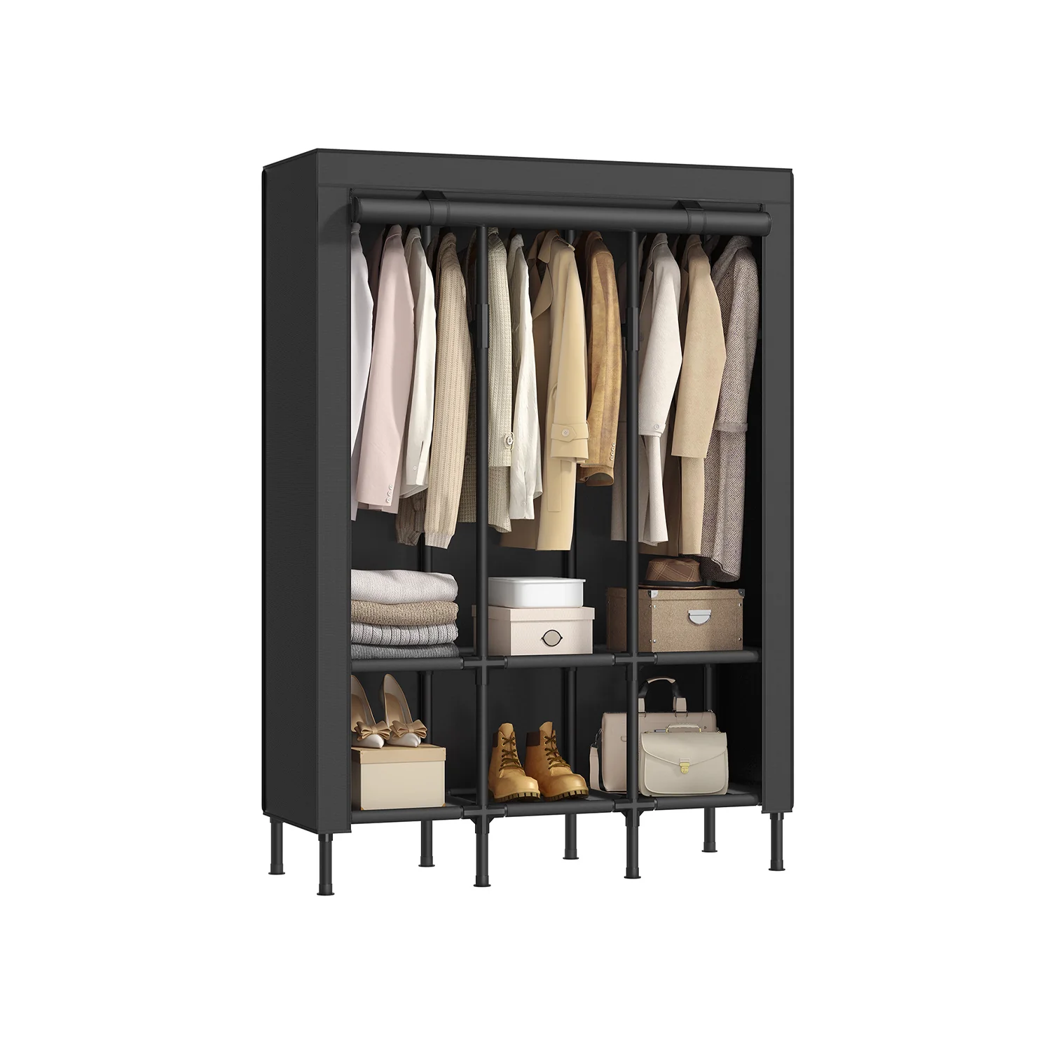 Wardrobe Closet with 3 Hanging Rails and 6 Shelves