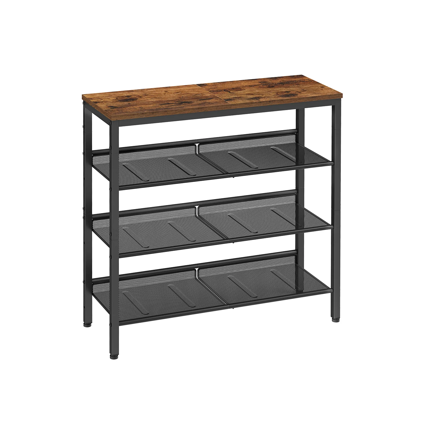 Four tier shoe storage rack with adjustable mesh shelves