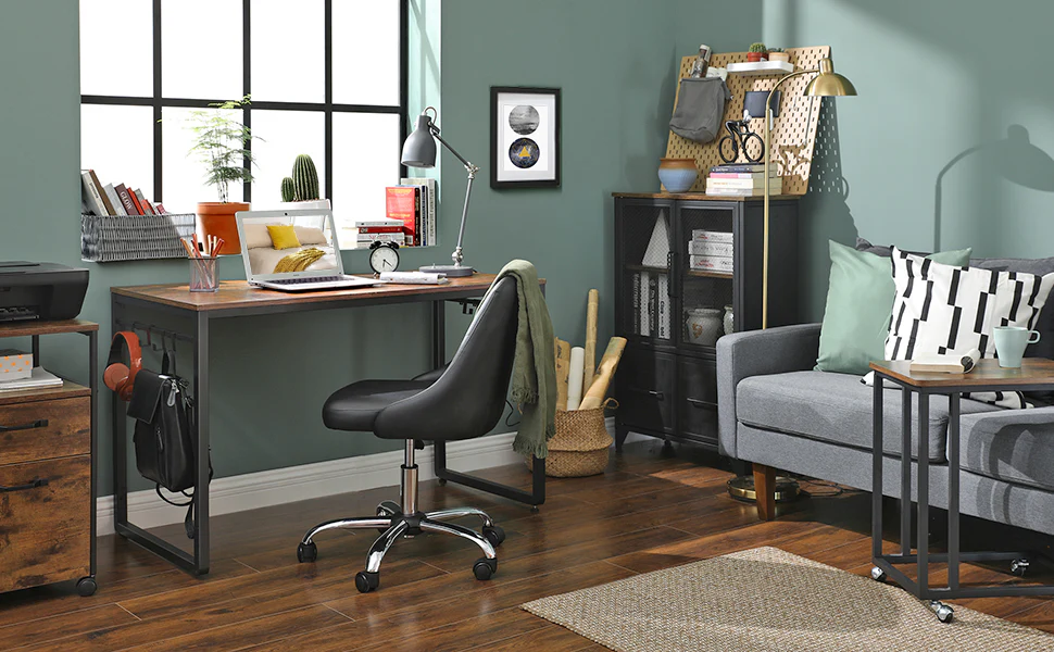 Computer Desk, Office Desk with 8 Hooks, for Study, Home Office, Easy Assembly, Industrial Design, 47.2 x 23.6 x 29.5 Inches, Rustic Brown