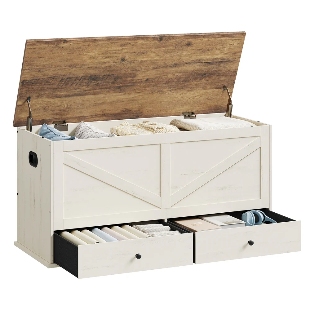 Farmhouse storage bench with fabric drawers for entryway or bedroom