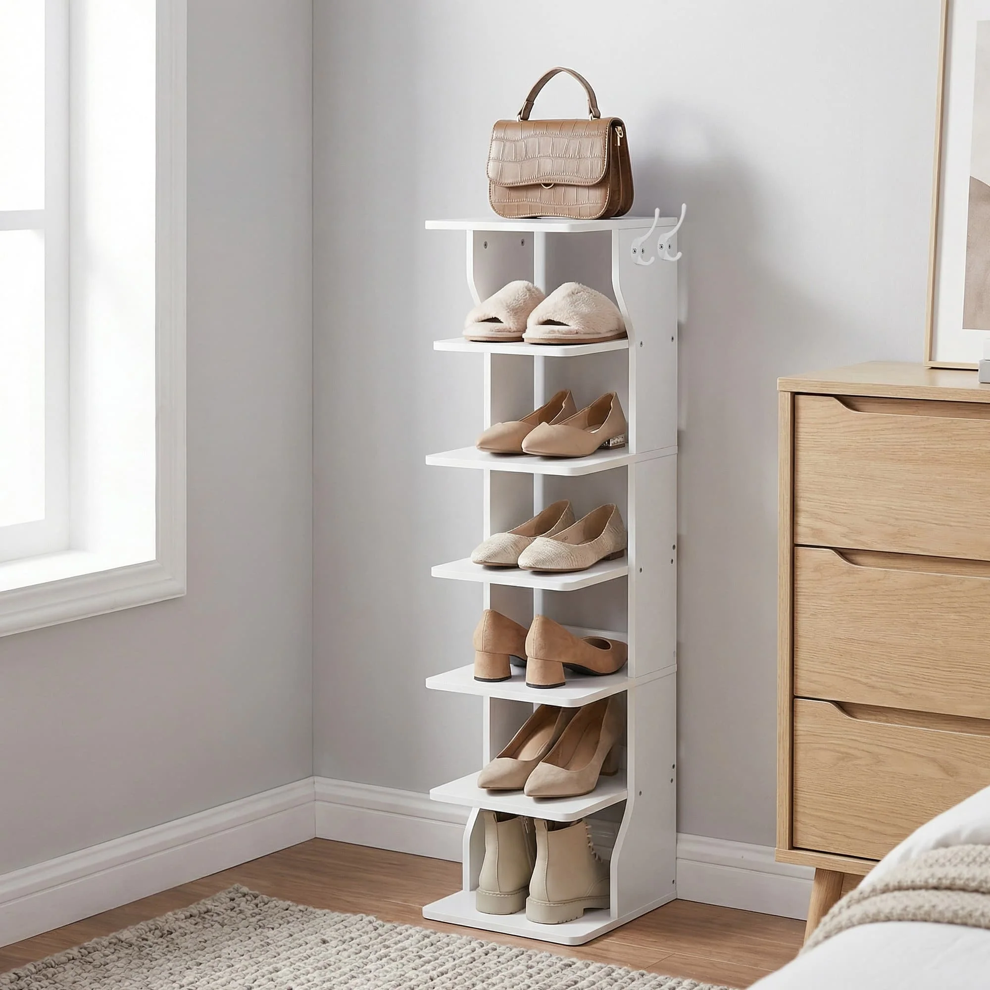 Tall vertical shoe rack tower with hooks for entryway and bedroom