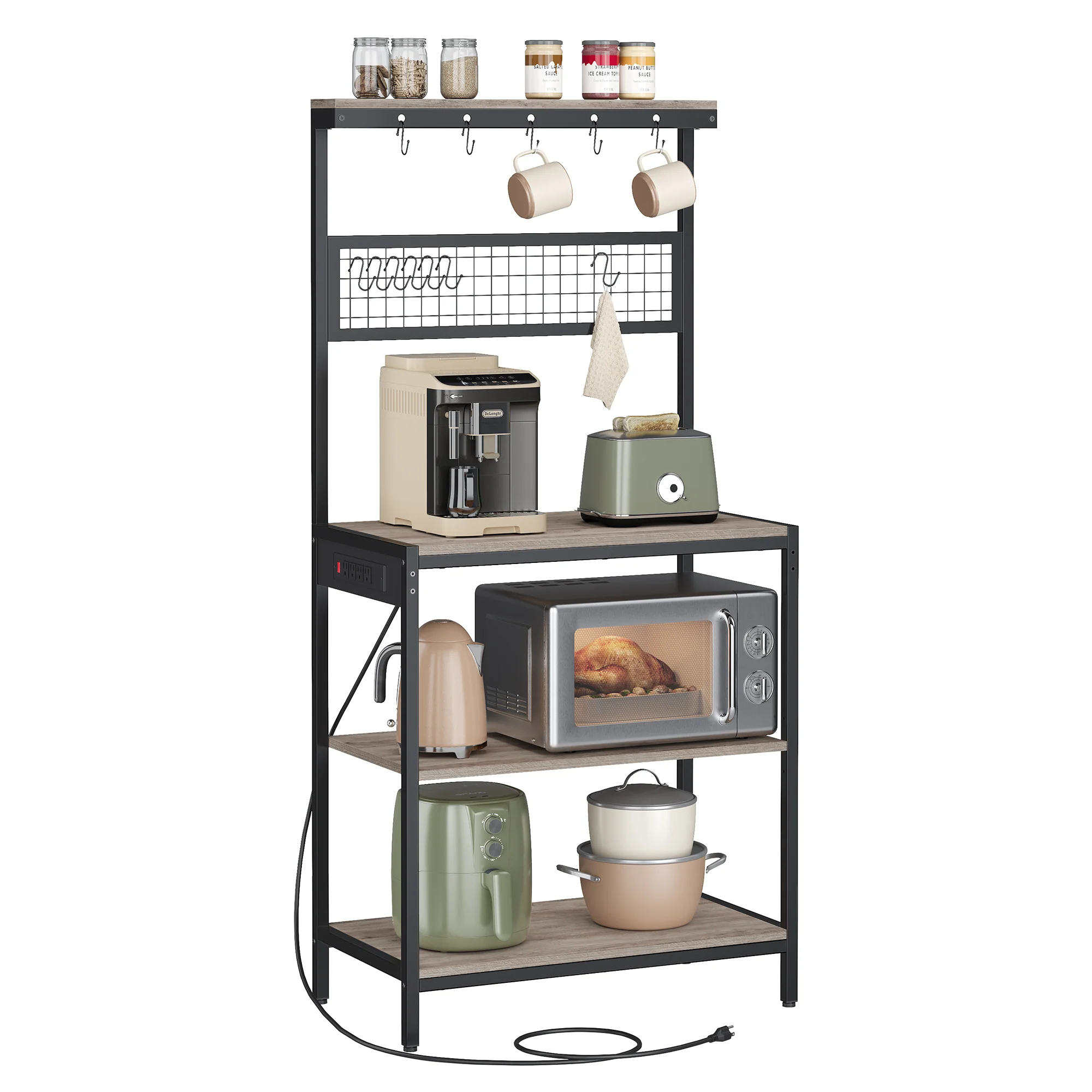 VASAGLE Bakers Rack with Charging Station, 31.5 Inches Coffee Bar Stand with Adjustable Storage Shelf, Grid Panel, 12 Hooks, Table for Microwave, Kitchen, Heather Greige and Ink Black UKKS016K02