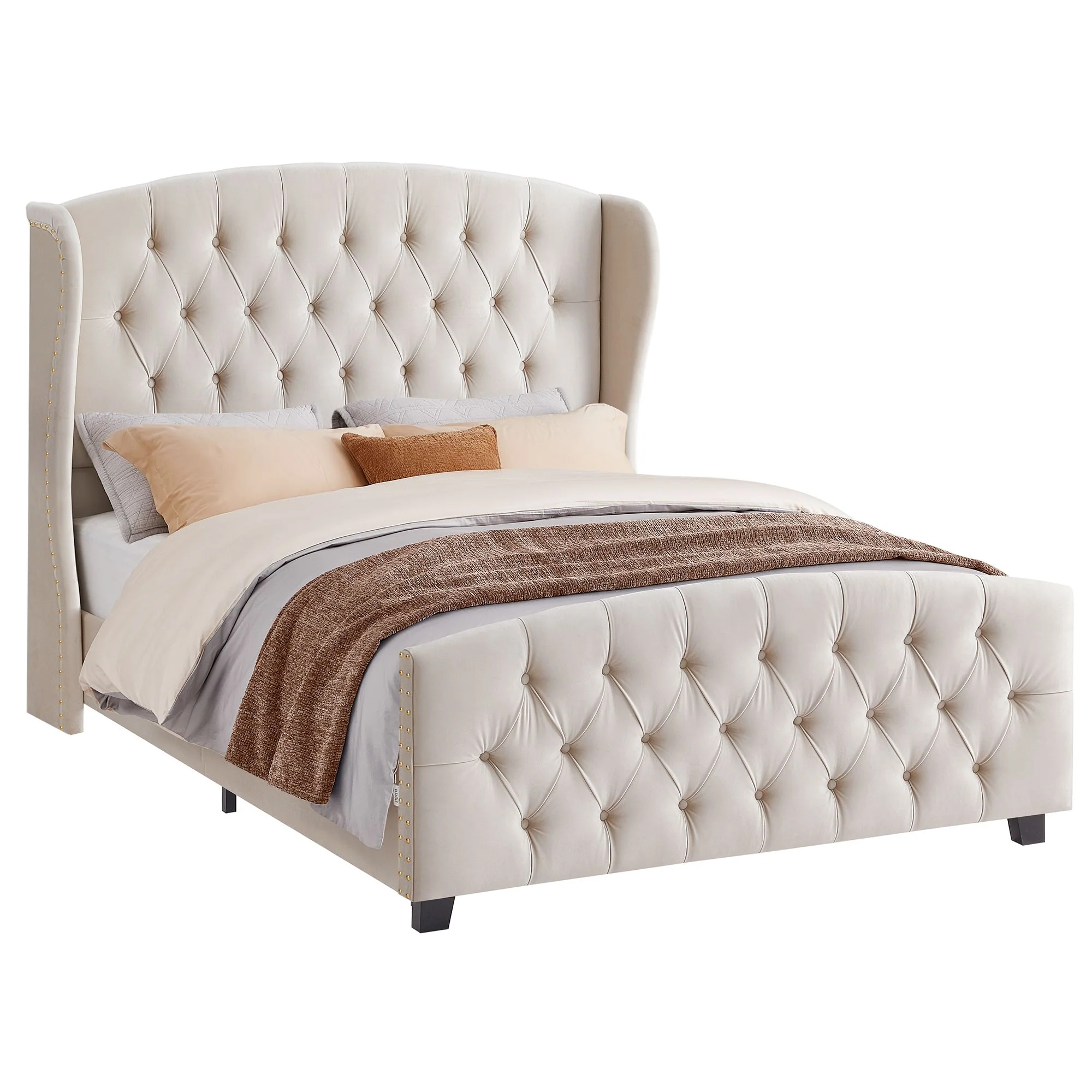 Bed Frame with Tall Headboard and Upholstered Platform