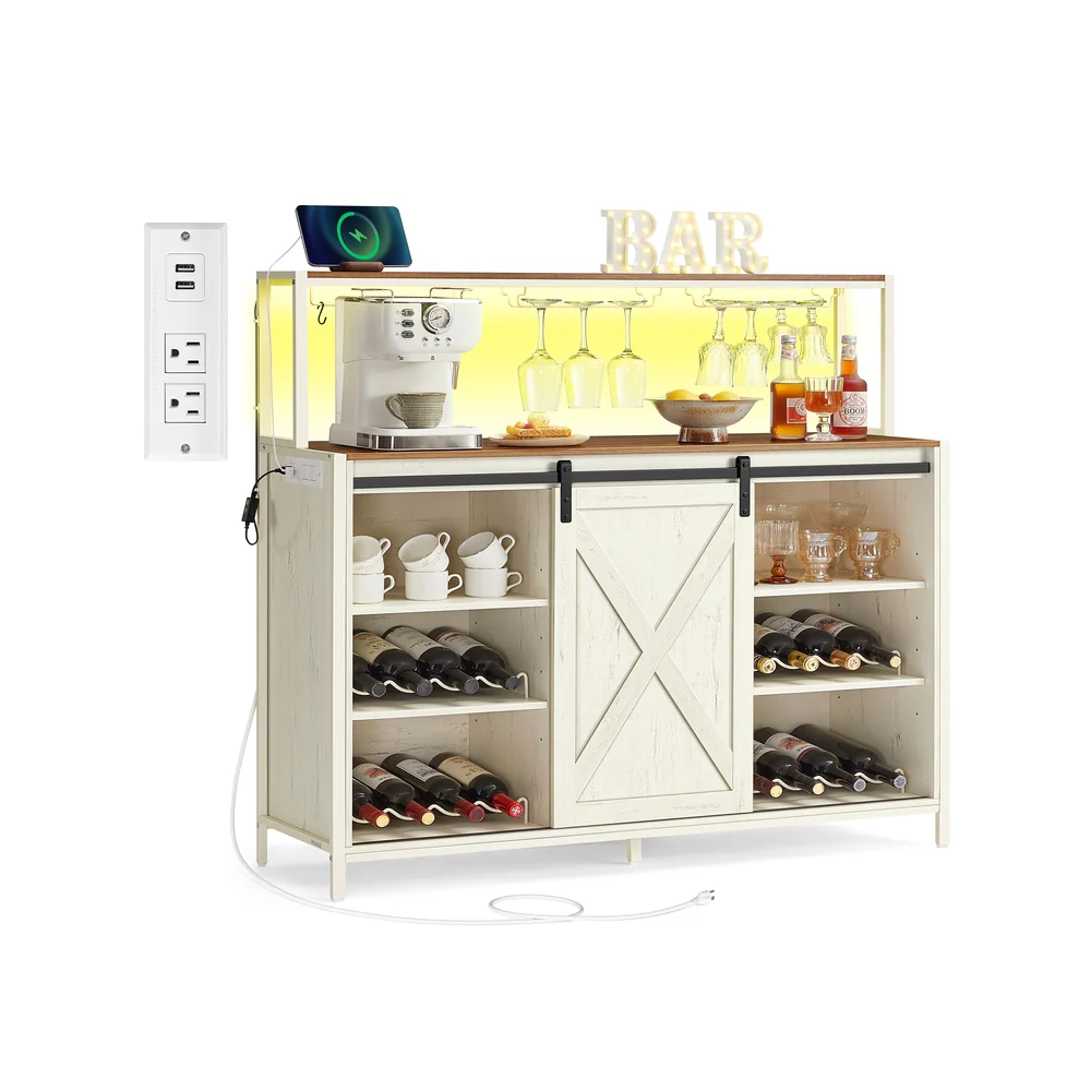 Daxton Collection - Coffee bar cabinet with power outlet LED light and sliding barn doors
