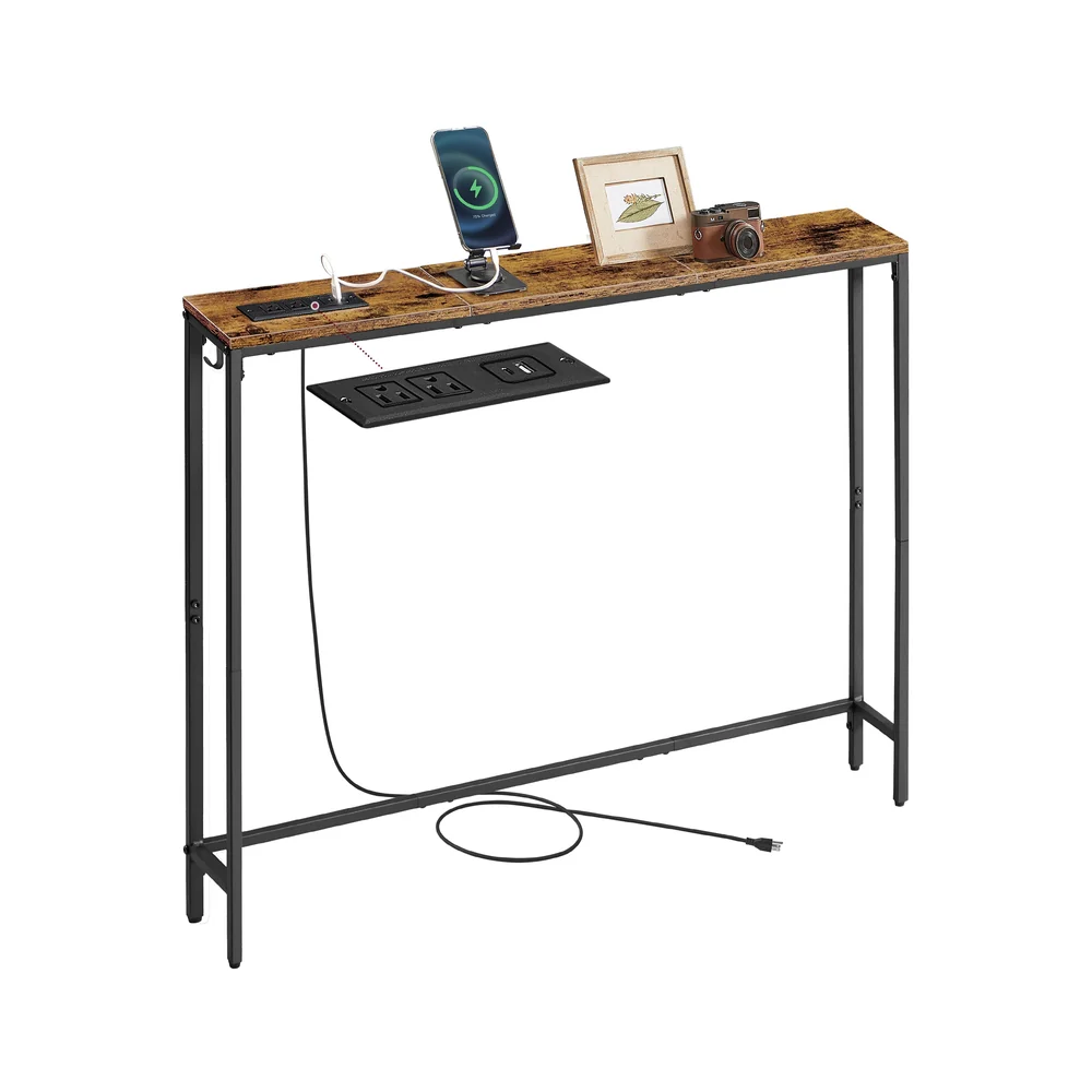 Slim console table with power outlet and hook