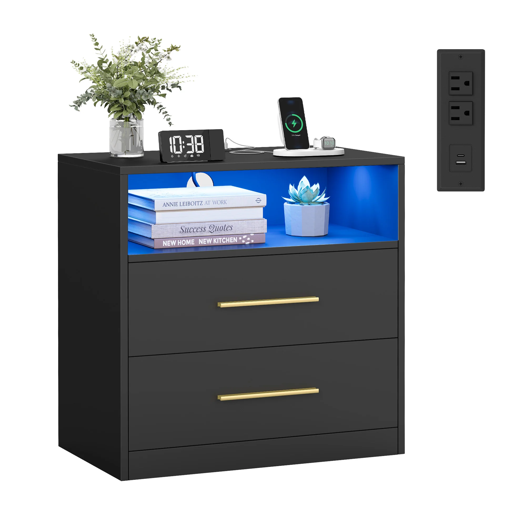 VASAGLE CUSTOS Collection - Nightstand with Charging Station, LED Lights